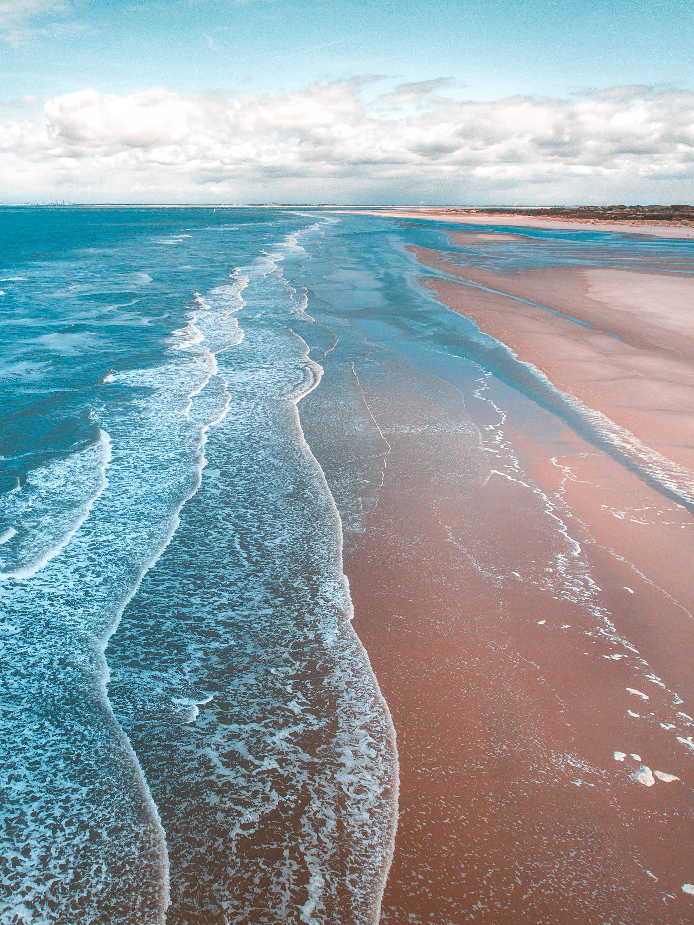ocean shore, turquoise waves, pinkish sand beach, 2K Phone Wallpaper