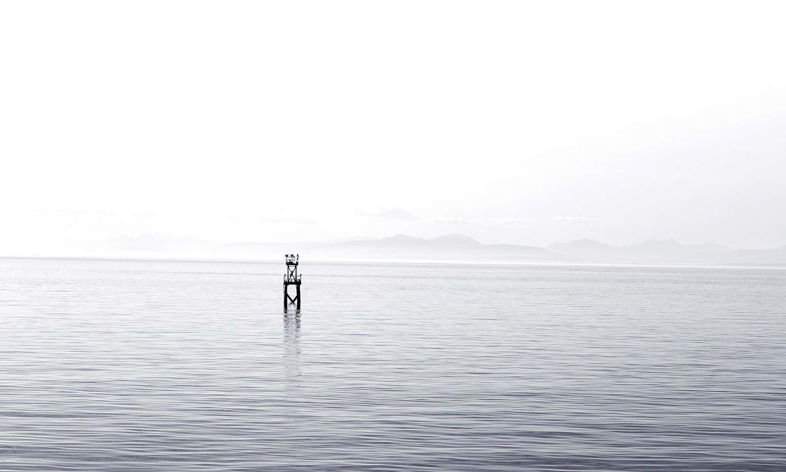 black and white ocean, weathered buoy, calm gray water, HD Desktop Wallpaper