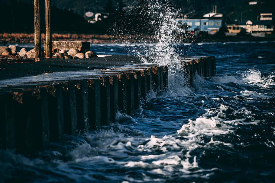 waves, pier, dusk, SD Desktop Wallpaper