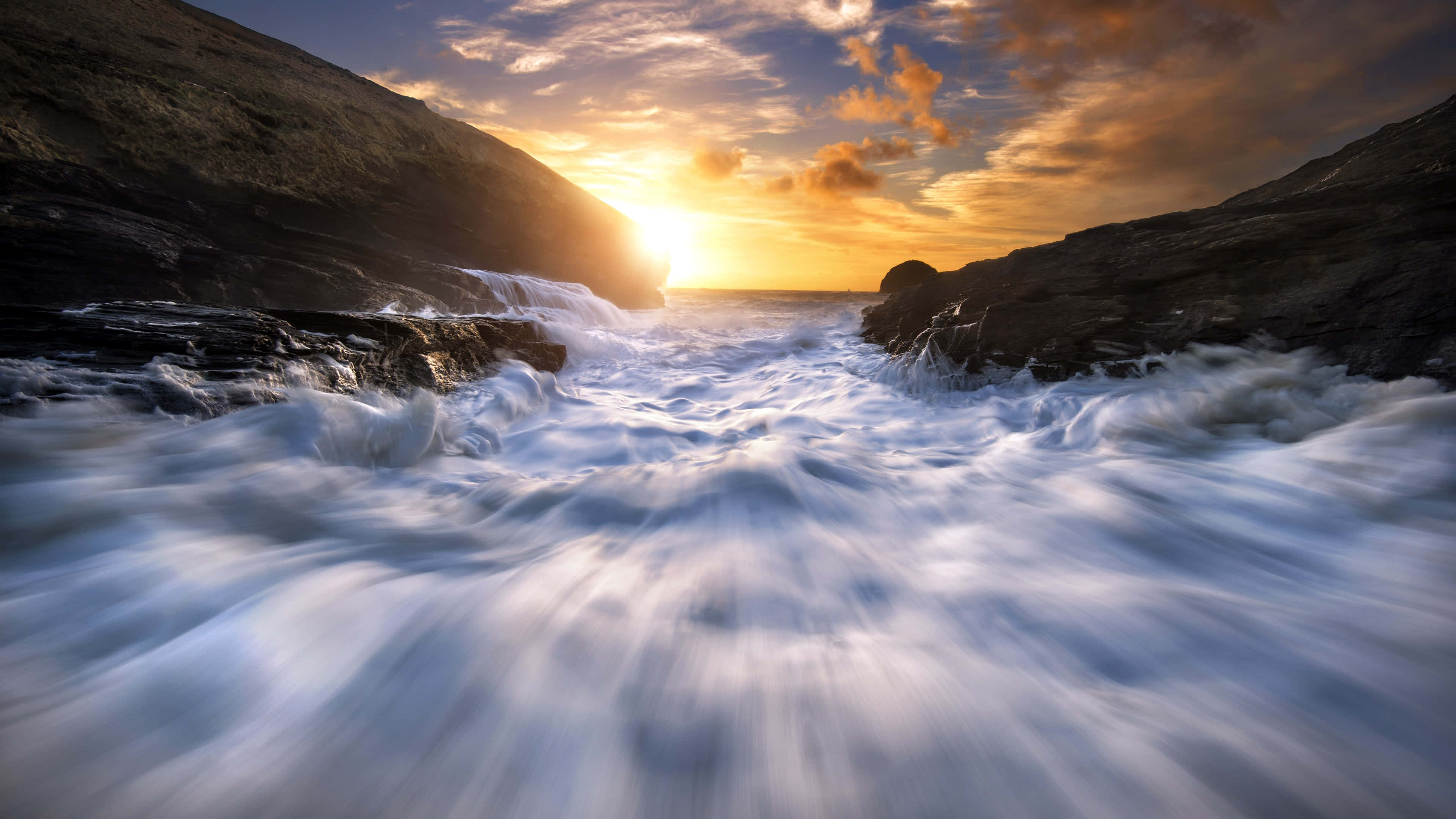 Tides, Sunset, Ocean waves, 4K Desktop Wallpaper