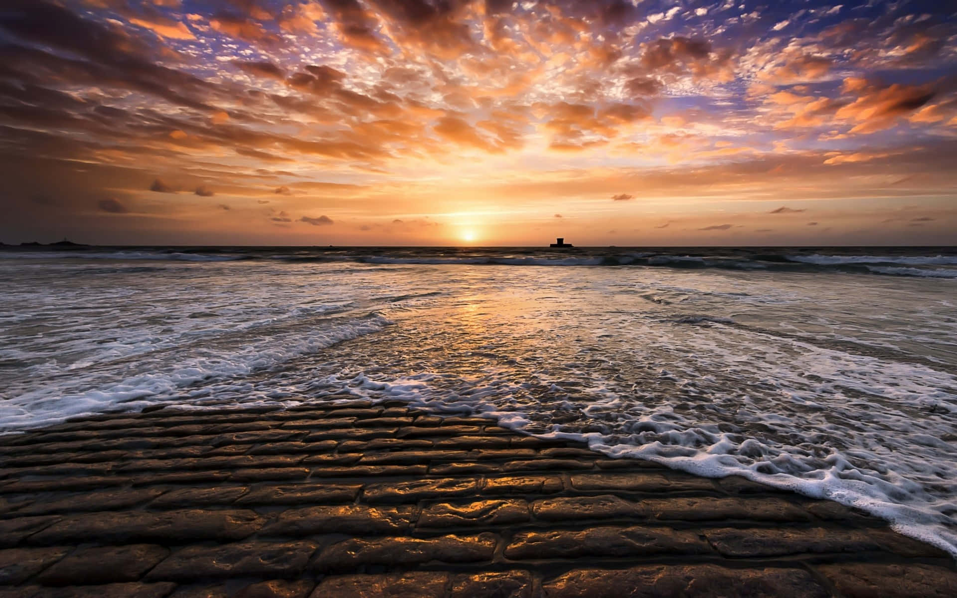 Tides, Sunset, fiery orange, Full HD Desktop Wallpaper
