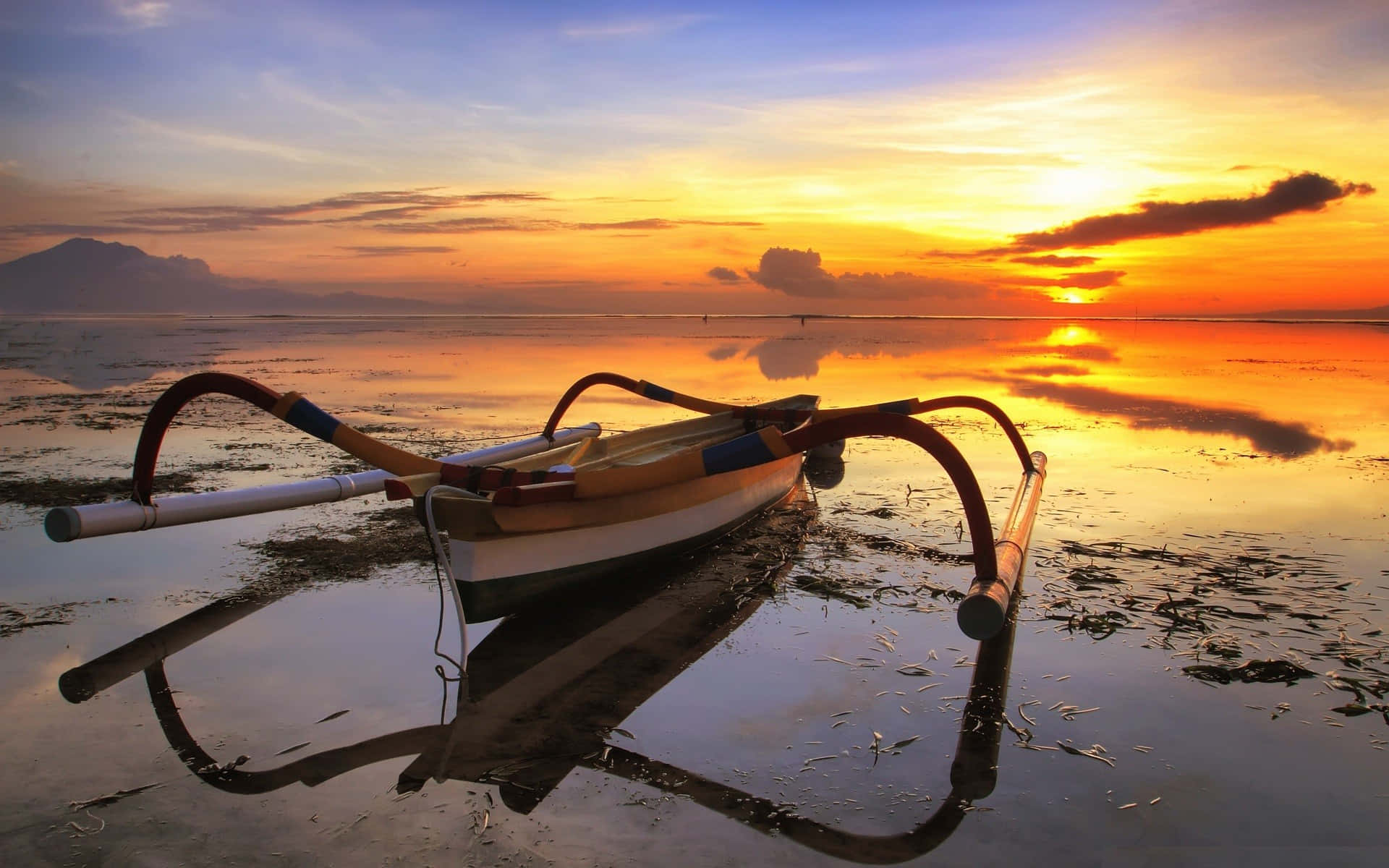 Tides, outrigger boat, sunset, Full HD Desktop Wallpaper