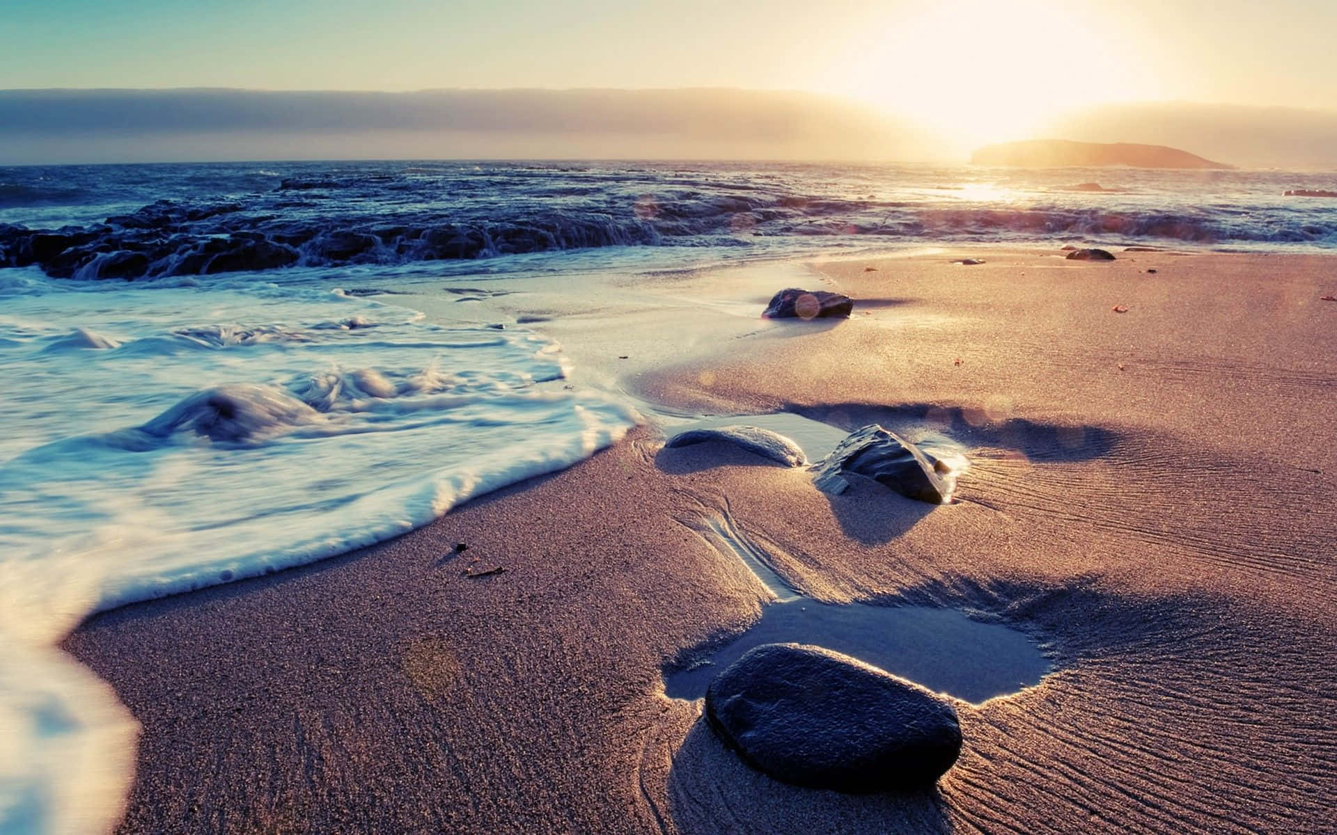 Sunset, ocean waves, sandy shore, Full HD Desktop Wallpaper