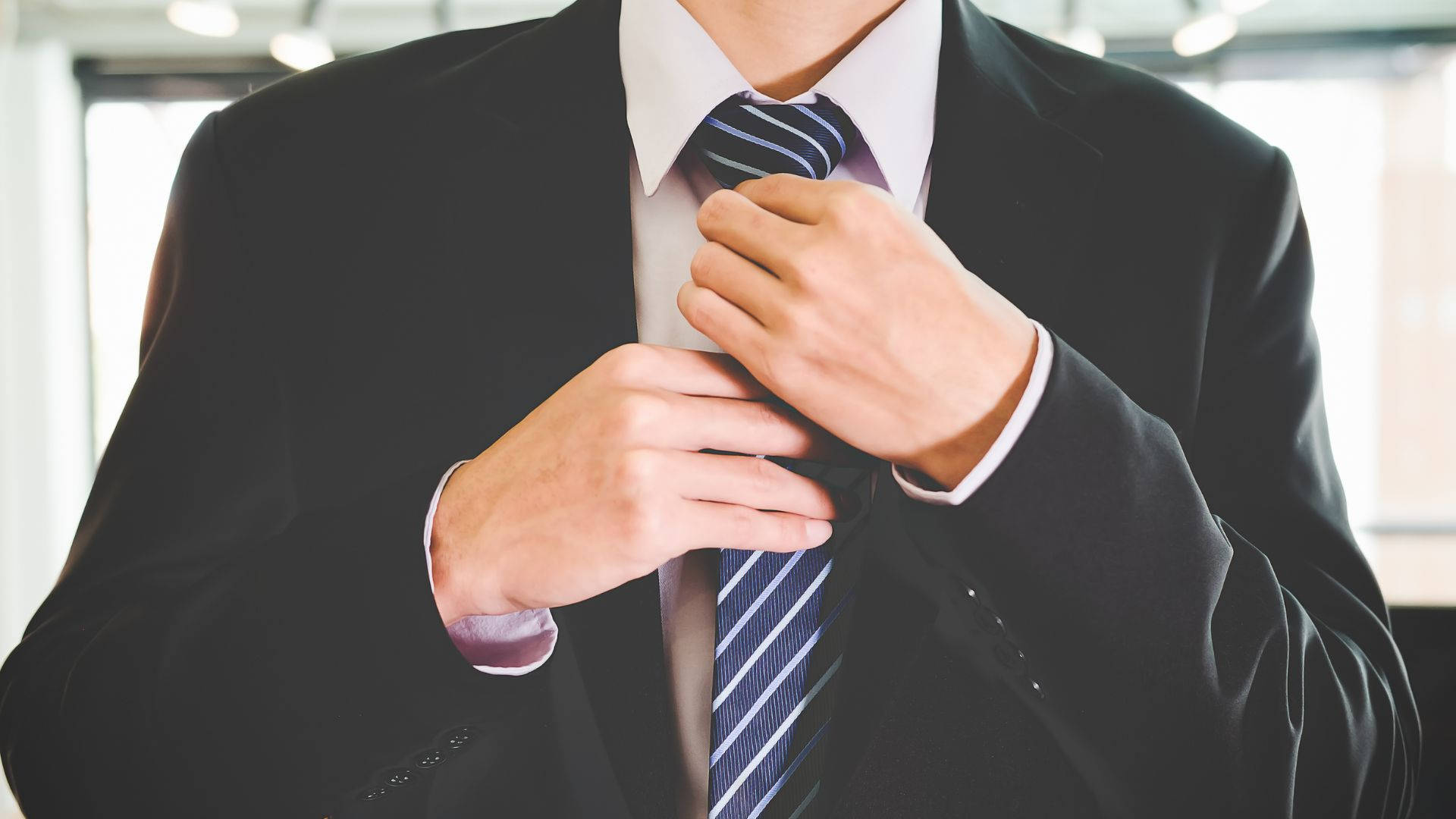 black suit, striped tie, bright office setting, Full HD Desktop Wallpaper