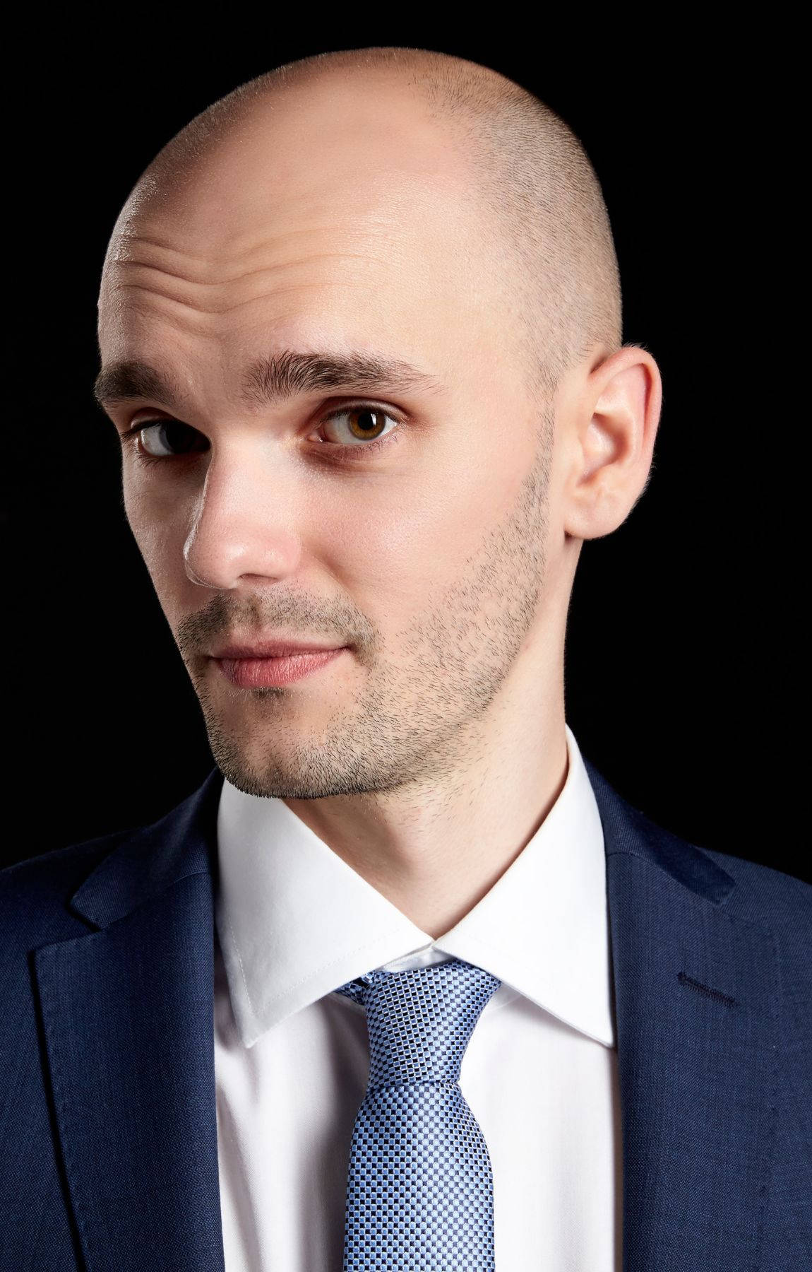 bald man, navy suit, patterned tie, HD Phone Wallpaper