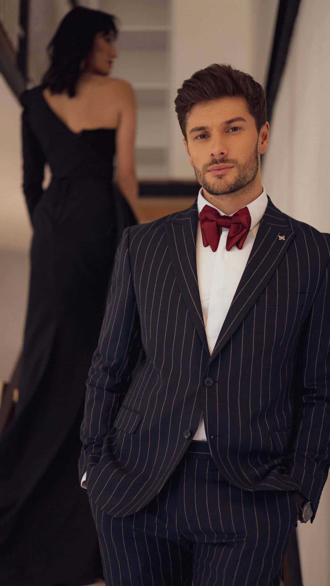 navy pinstripe suit, red bow tie, black dress, Full HD Phone Wallpaper