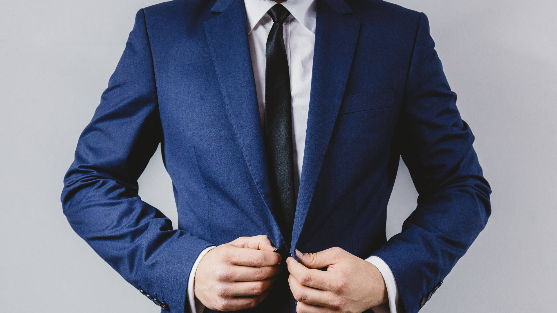 blue suit, neutral gray background, man, Full HD Desktop Wallpaper