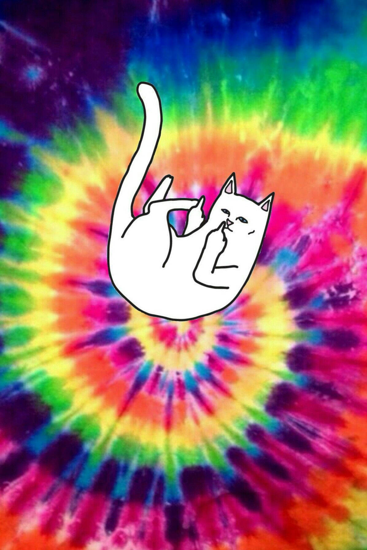 white line-drawn cat, rude gesture, psychedelic rainbow tie-dye background, HD Phone Wallpaper