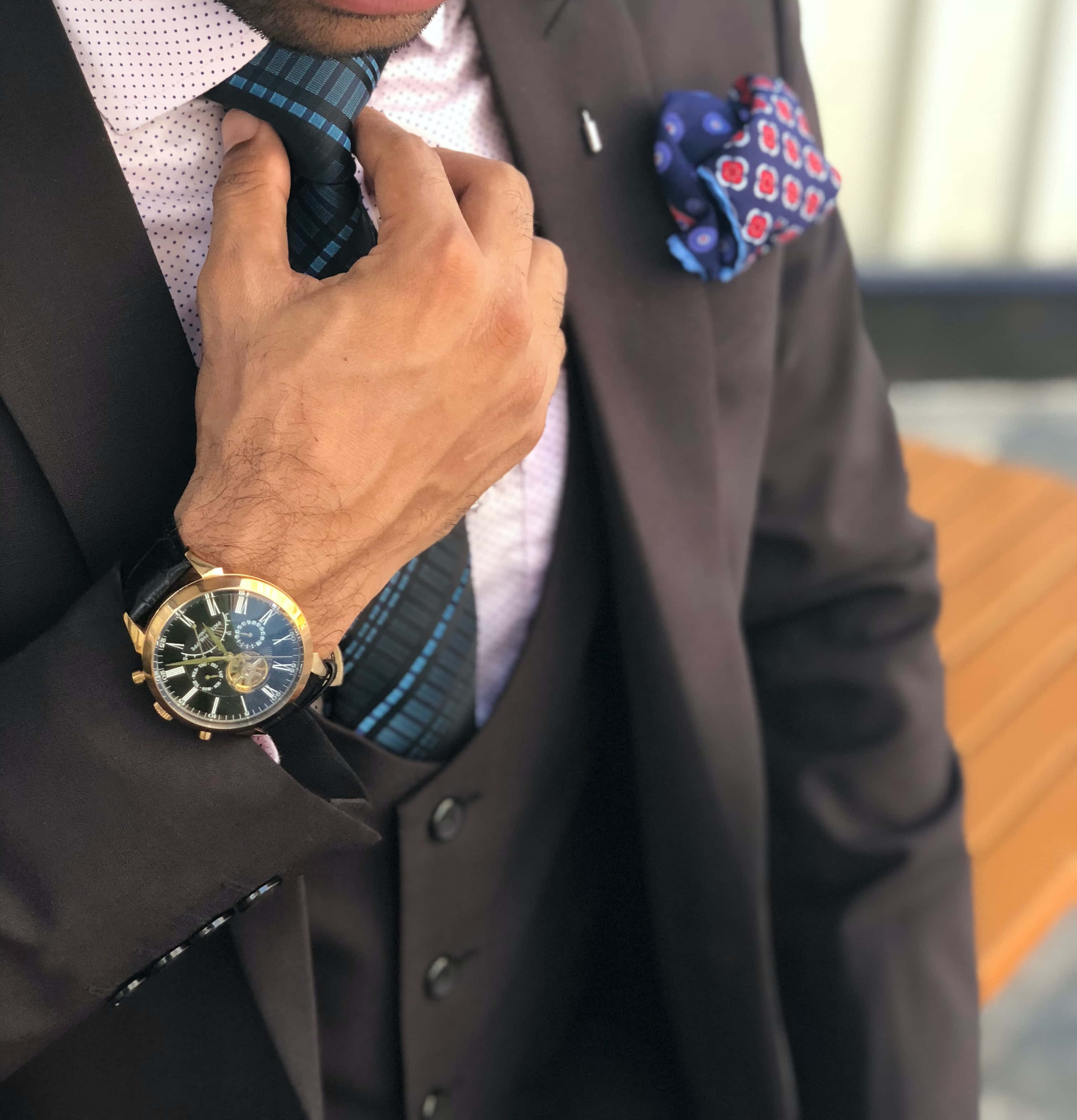 man in suit, blue plaid tie, gold chronograph watch, 2K Phone Wallpaper
