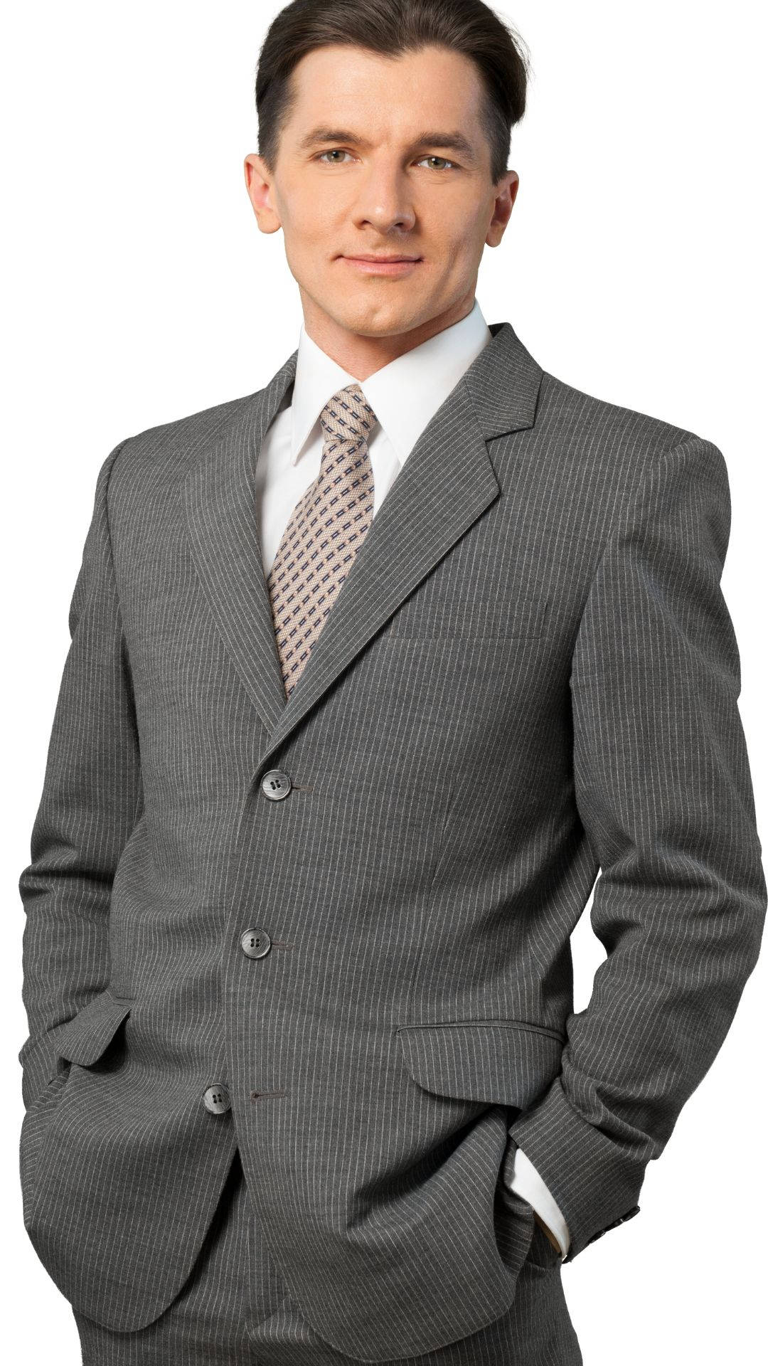 male slim fit suit, gray pinstripe suit, plain white background, Full HD Phone Wallpaper