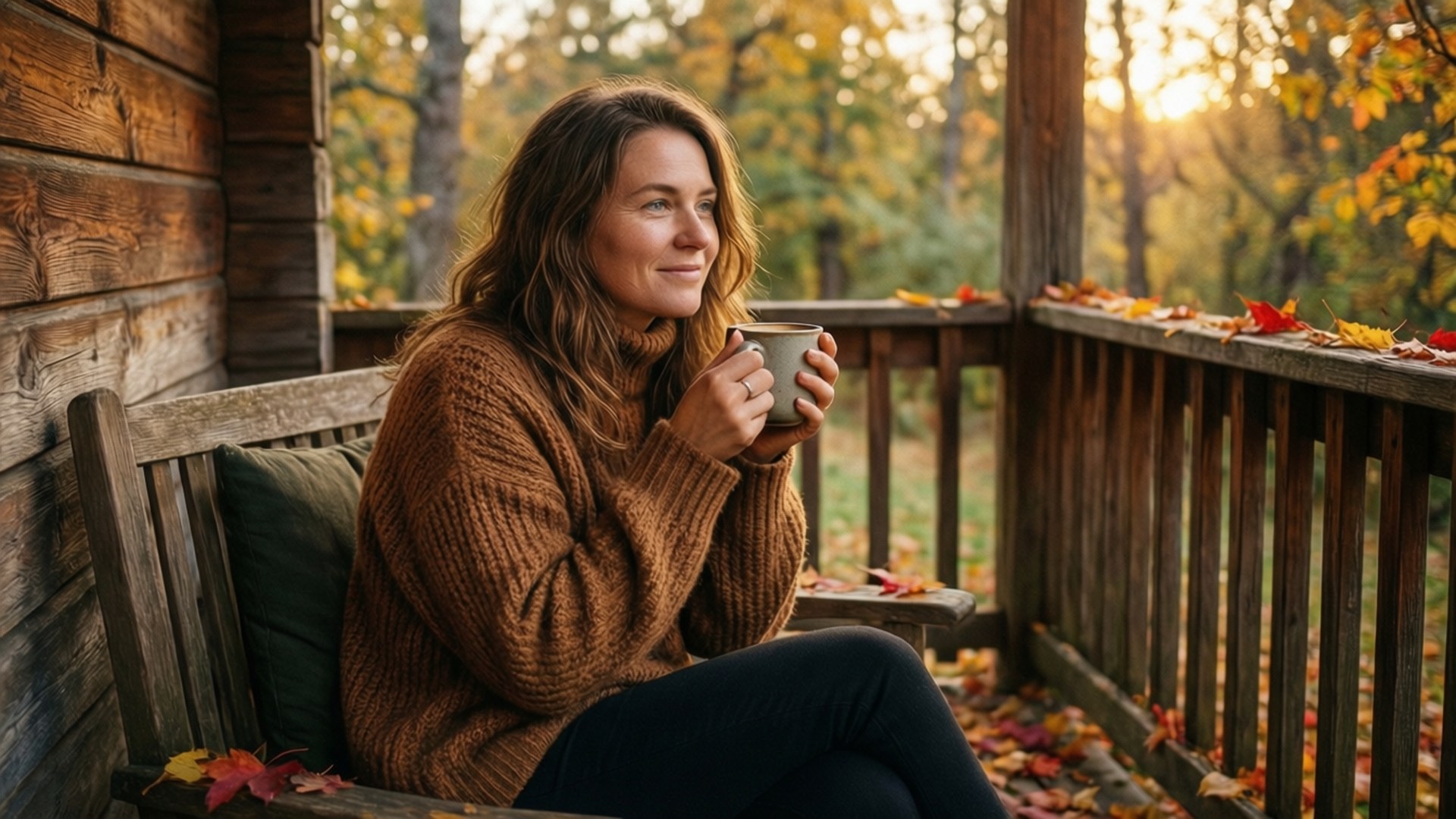 Tiera Skovbye, porch, autumn leaves, Full HD Desktop Wallpaper