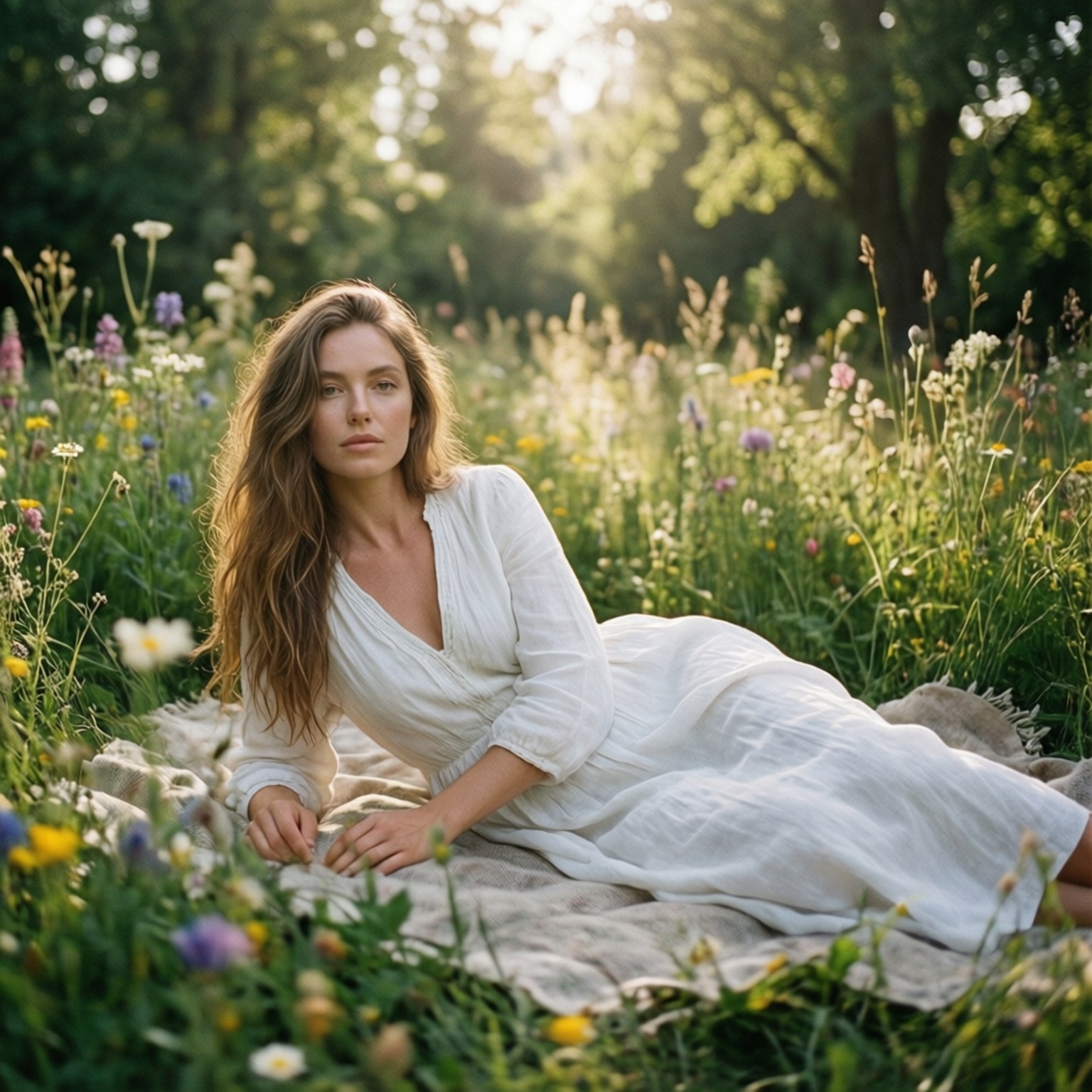 Tiera Skovbye, wildflower garden, white dress, HD Desktop Wallpaper