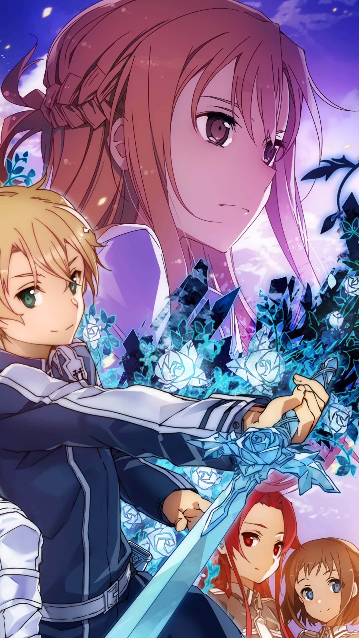 Tiese Shtolienen, glowing blue roses, sword, 2K Phone Wallpaper