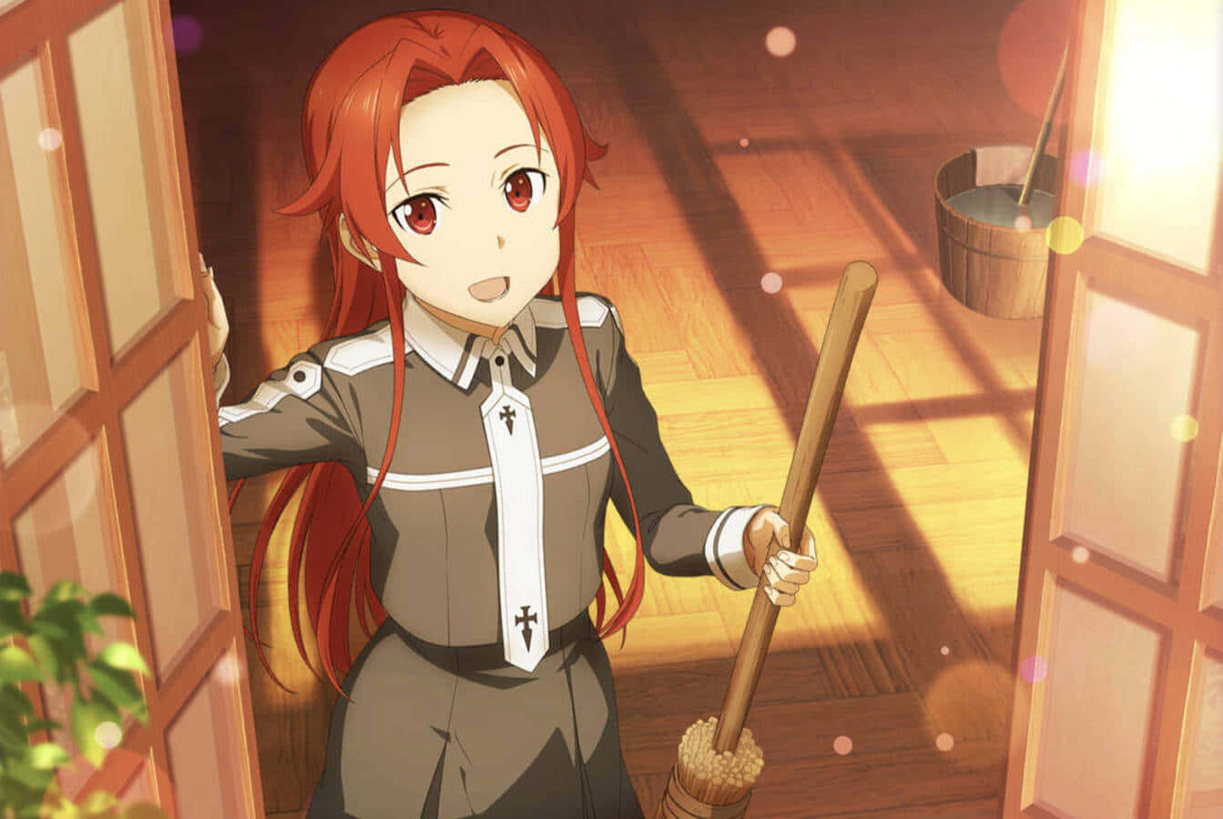 Tiese Shtolienen, red hair, broom, HD Desktop Wallpaper
