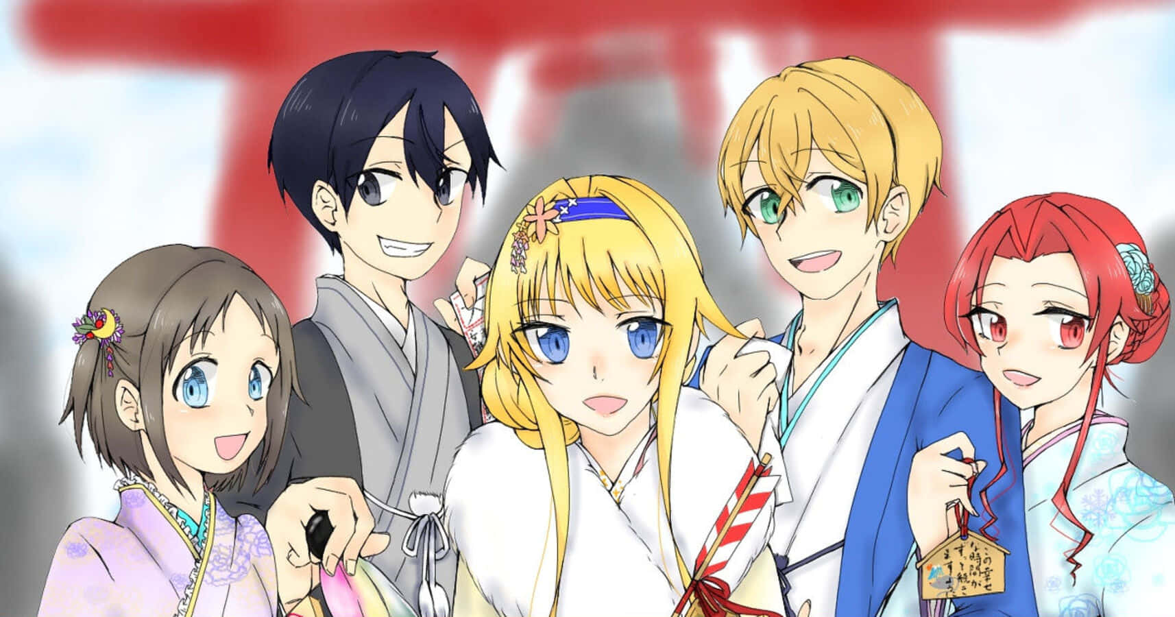 Tiese Shtolienen, anime characters, traditional Japanese attire, HD Desktop Wallpaper