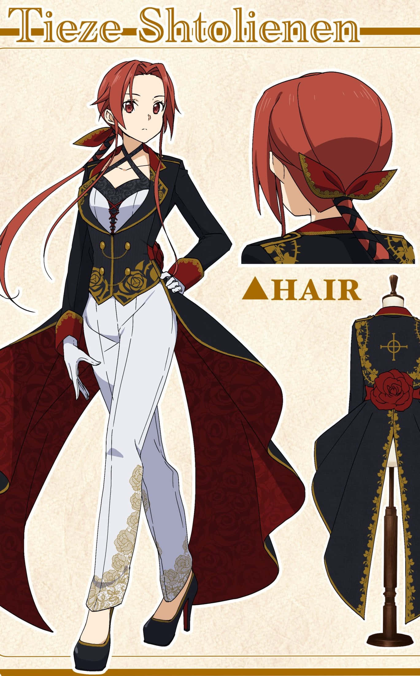 Tiese Shtolienen, anime character, detailed costume design sheet, Full HD Phone Wallpaper