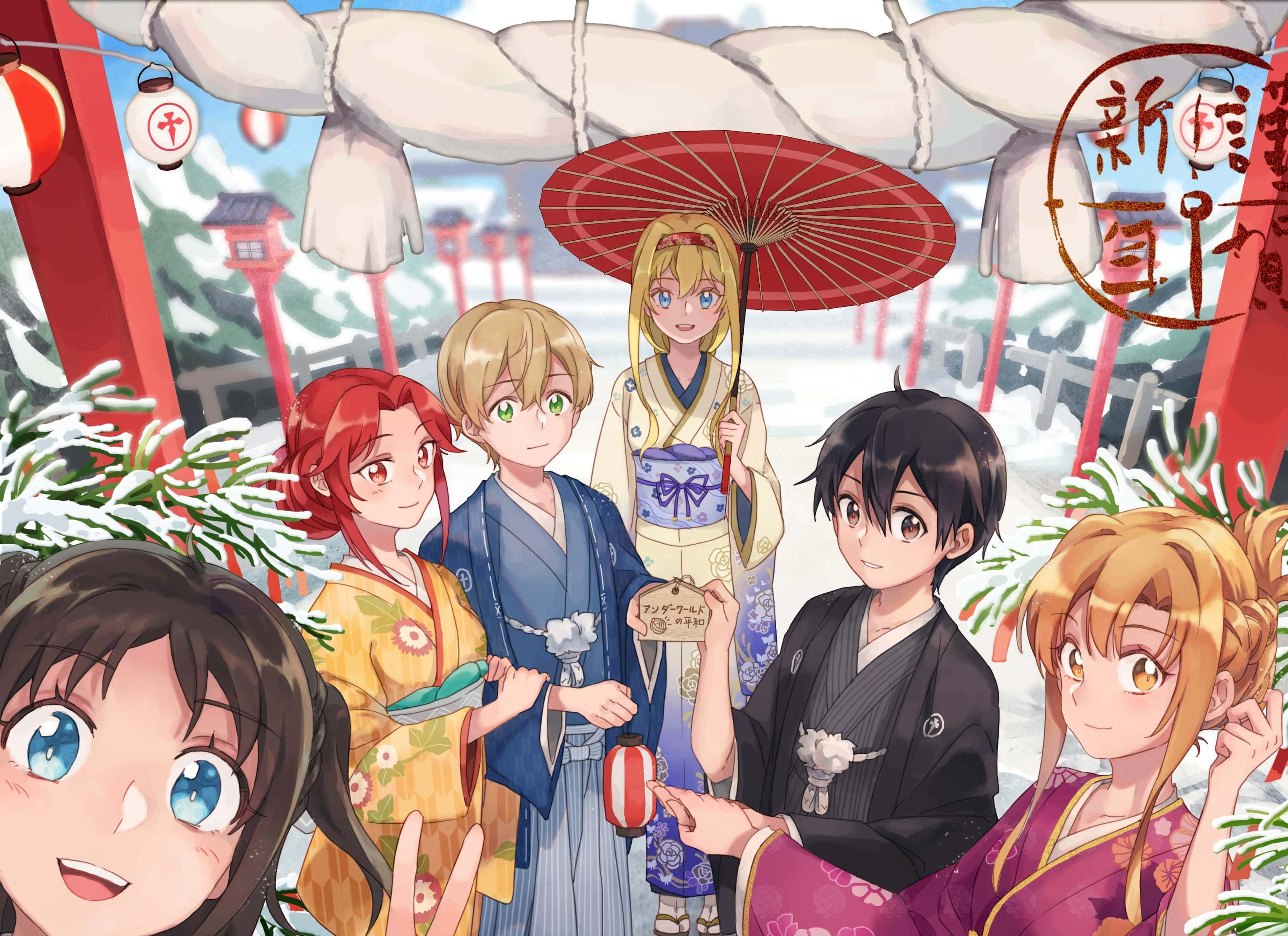 Tiese Shtolienen, snowy shrine, red lanterns, 2K Desktop Wallpaper