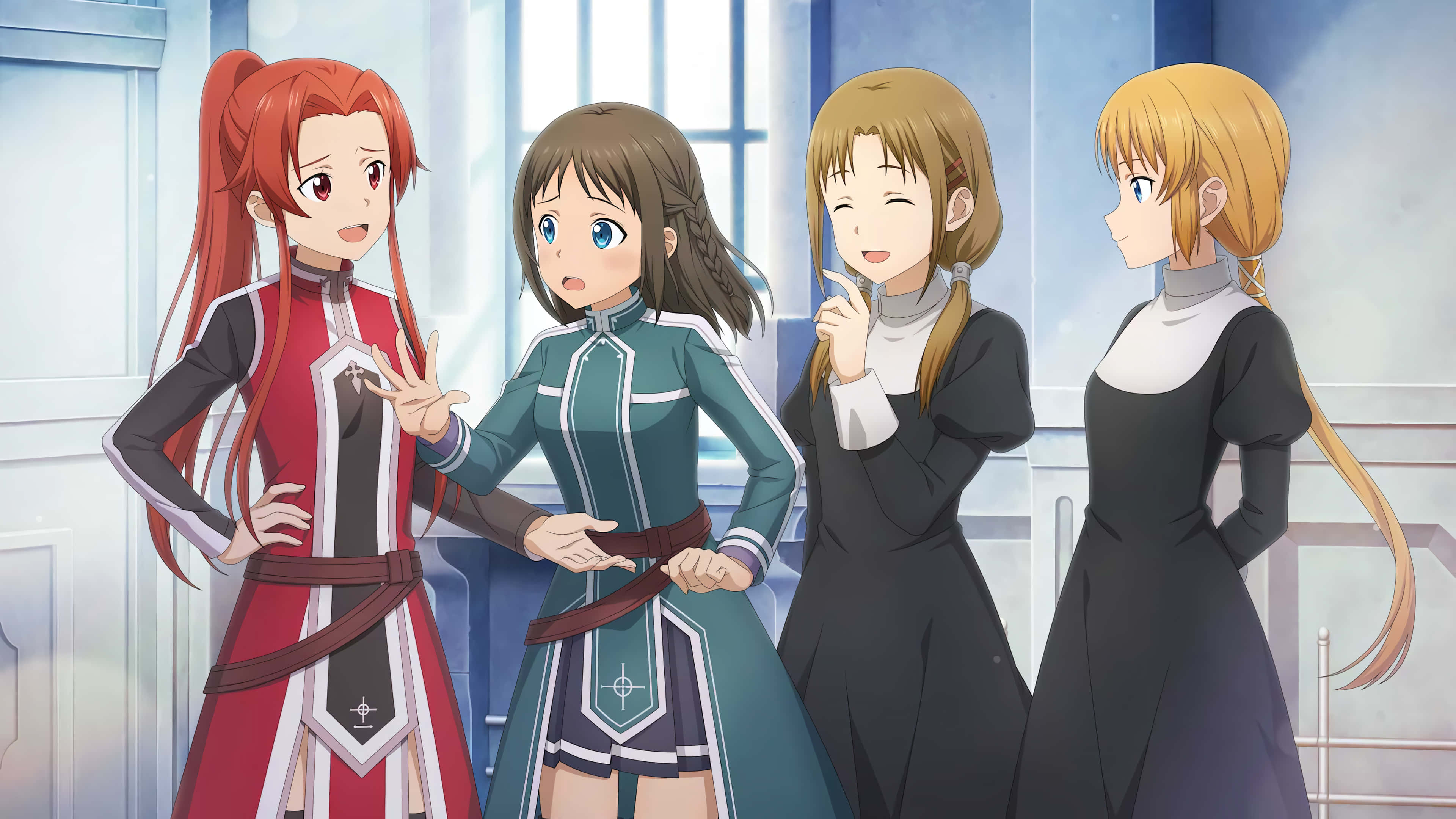 Tiese Shtolienen, 4 anime girls, detailed fantasy outfits, 4K Desktop Wallpaper