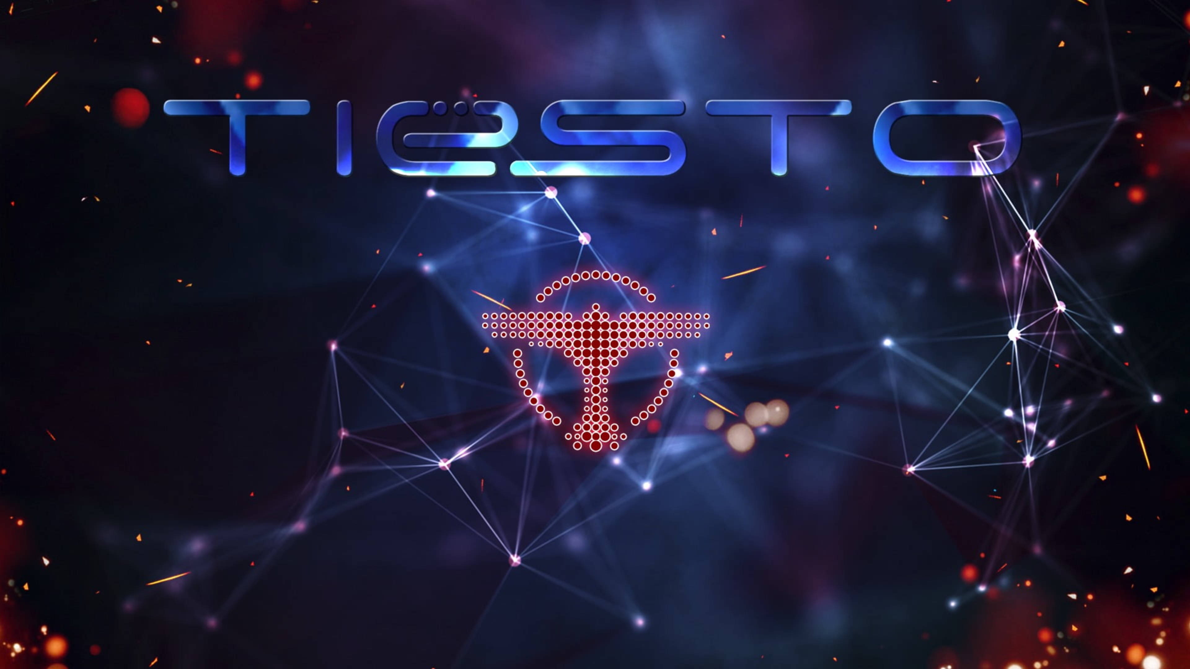 Tiesto, glowing blue 'TIËSTO' text, red cocktail glass icon, 4K Desktop Wallpaper