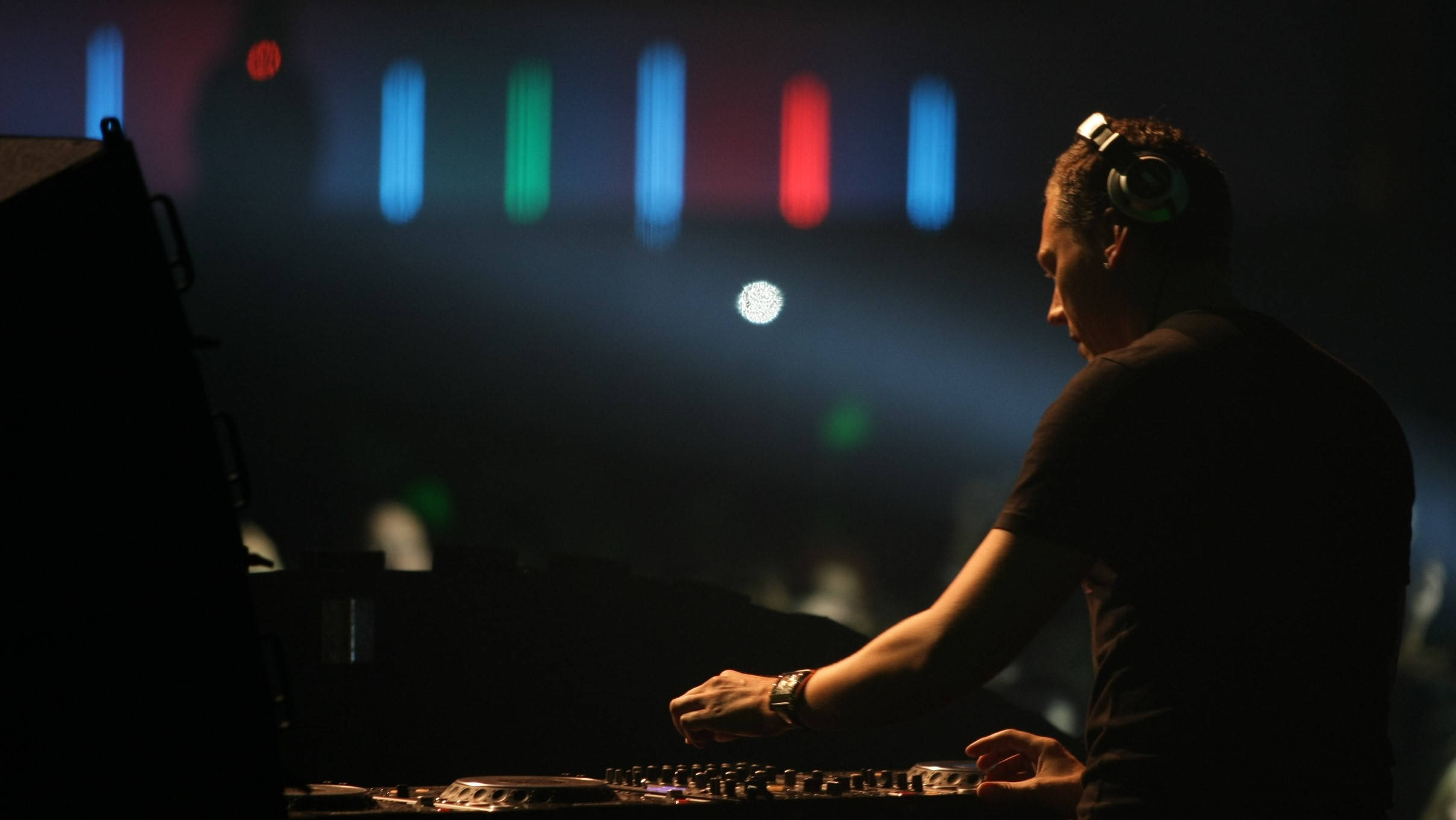 Tiesto, silhouette, colorful stage lights, Full HD Desktop Wallpaper