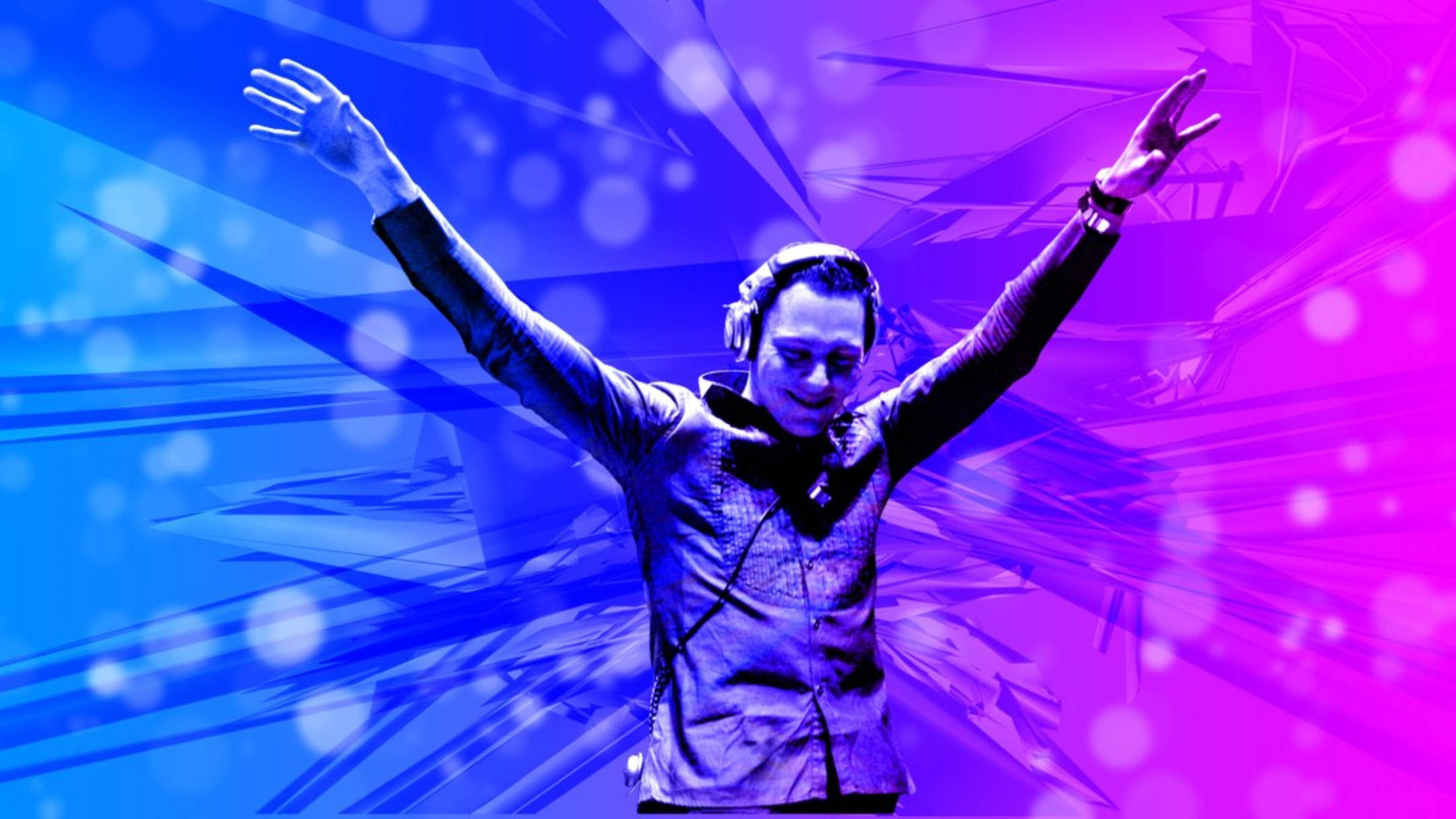 Tiesto, blue and purple light beams, glowing bokeh effects, Full HD Desktop Wallpaper