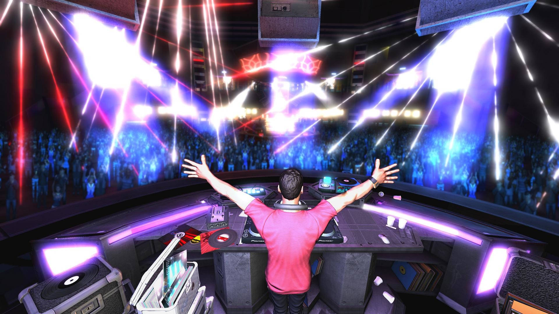 Tiesto, pink shirt, glowing booth, Full HD Desktop Wallpaper