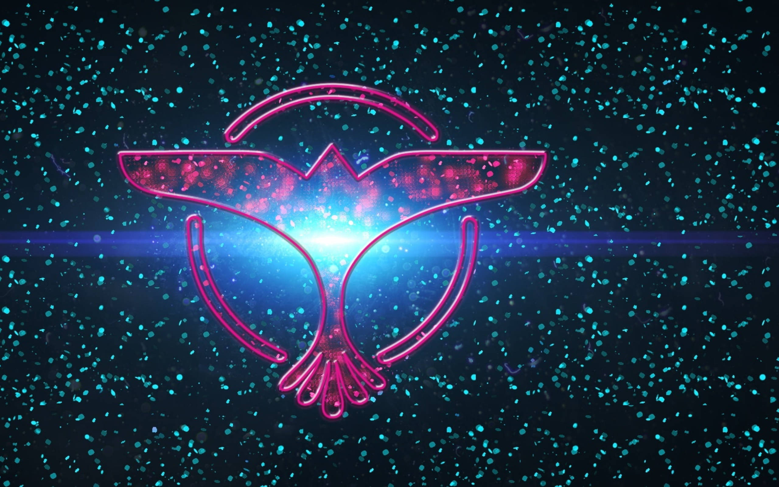 Tiesto, glowing pink neon bird emblem, bright blue light, 2K Desktop Wallpaper
