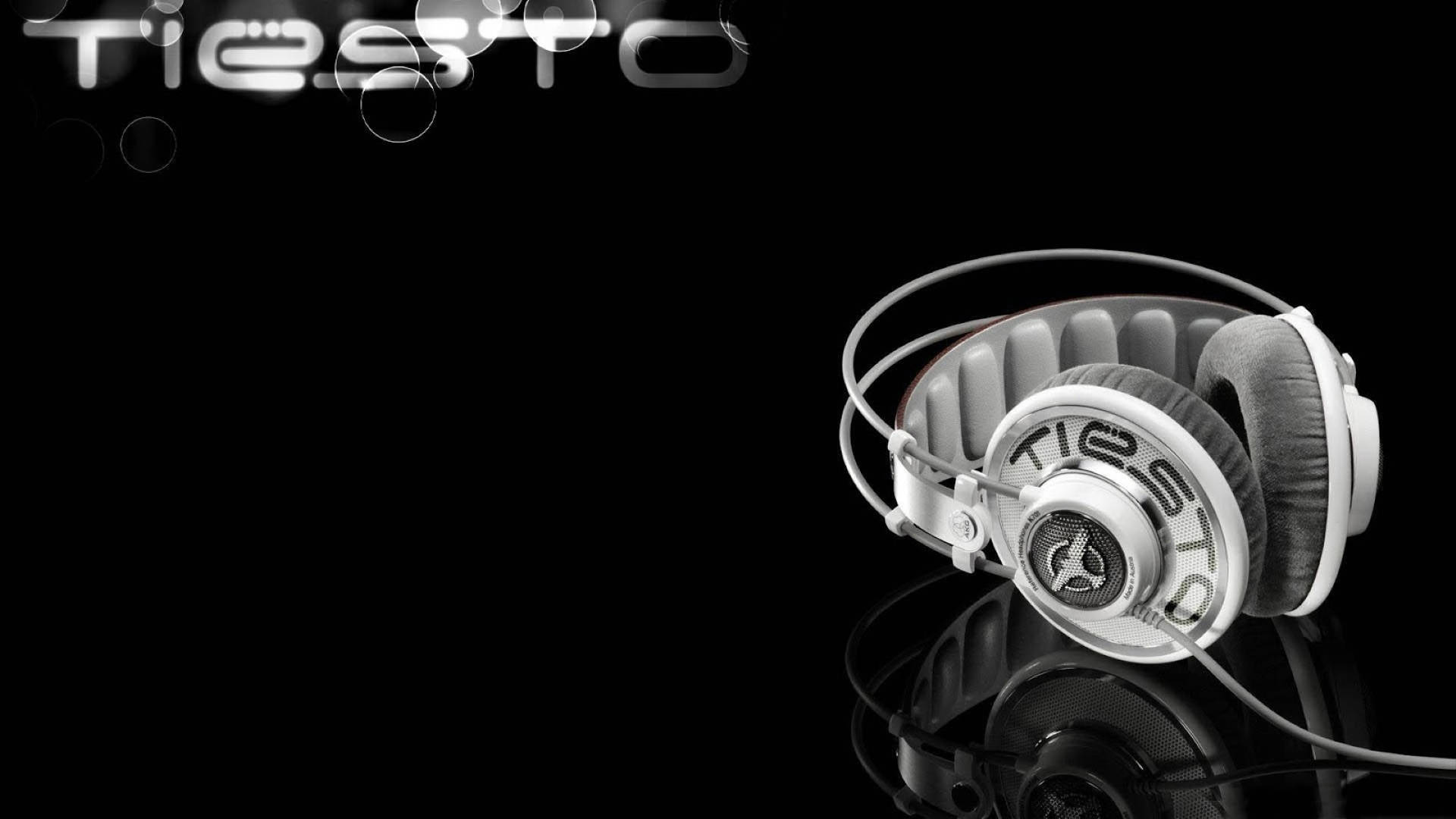 Tiesto, white headphones, reflective black surface, Full HD Desktop Wallpaper