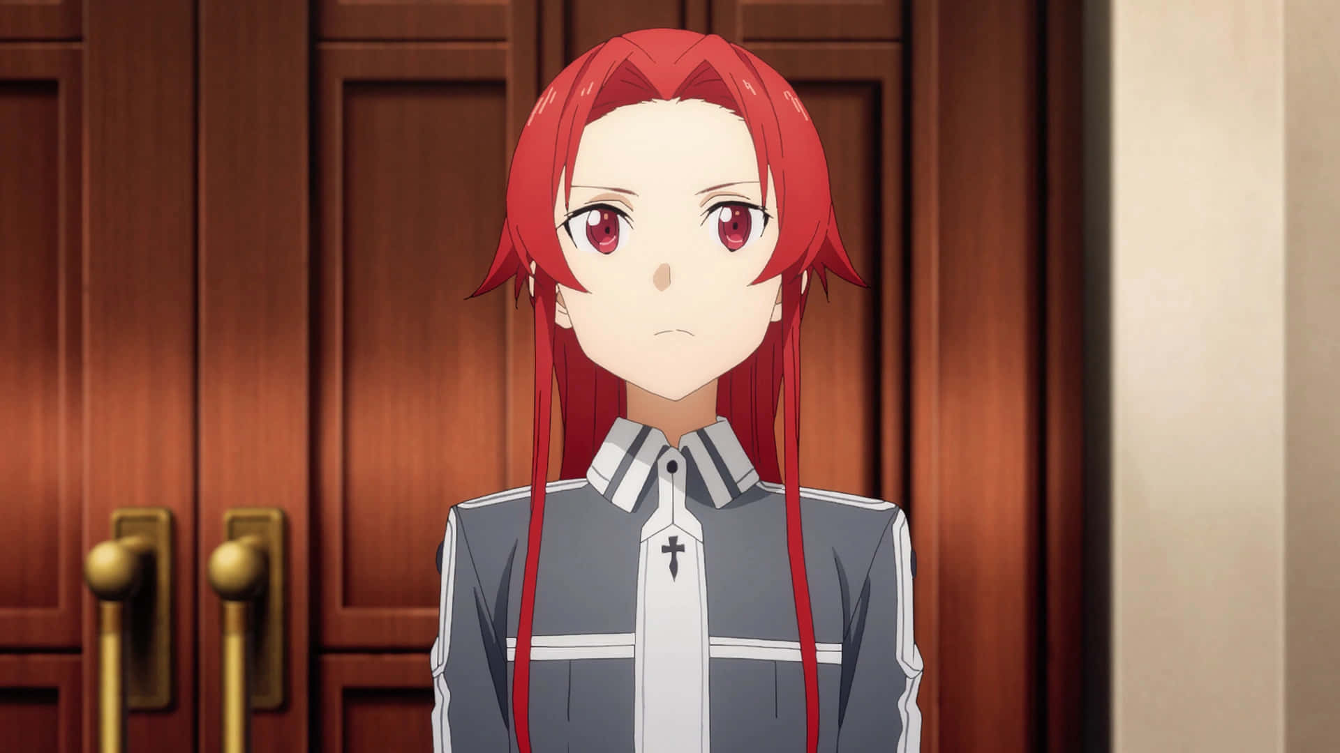 Tiese Shtolienen, red-haired anime girl, grey uniform, Full HD Desktop Wallpaper