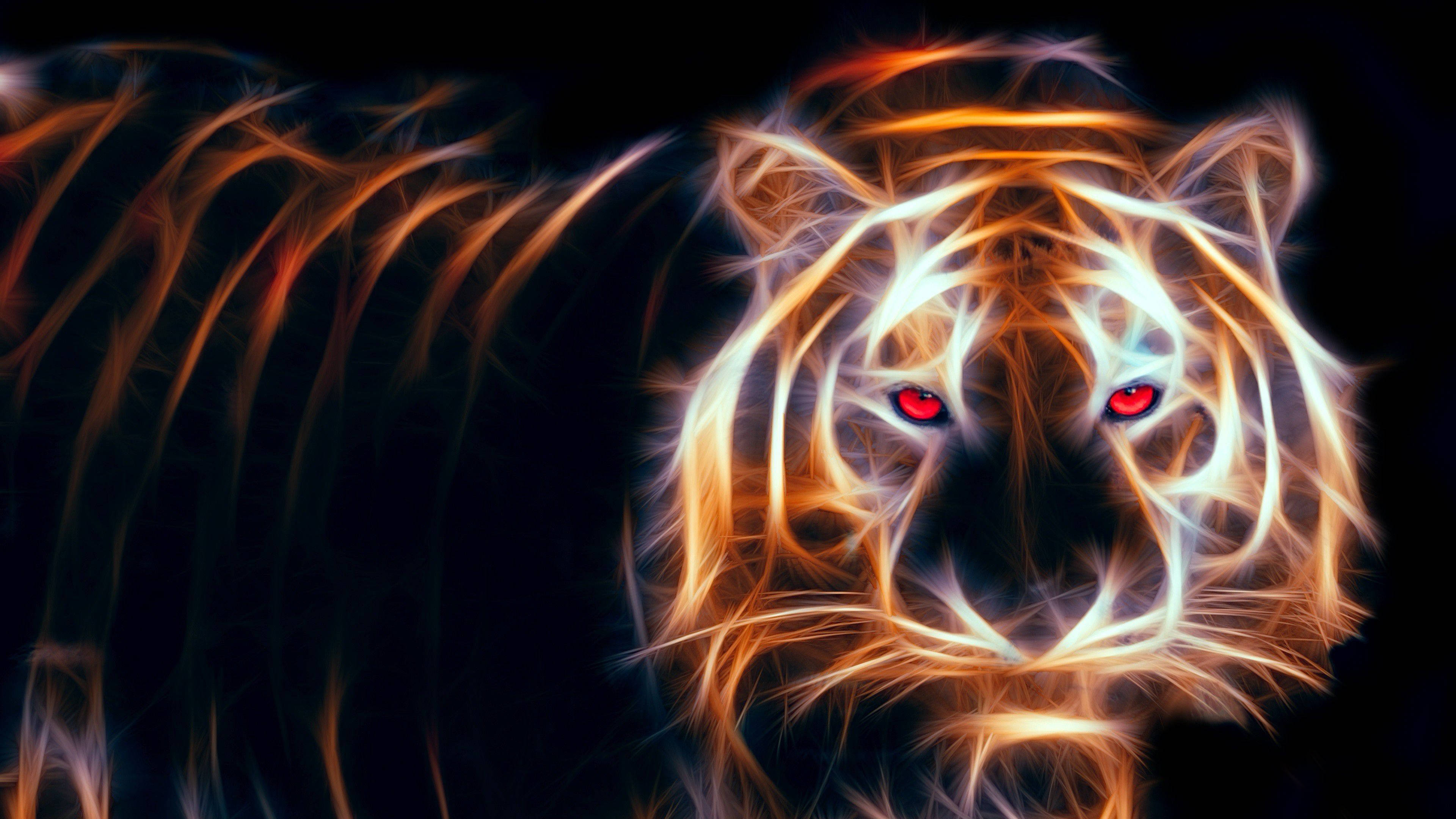 glowing tiger, fiery tiger, glowing red eyes, 4K Desktop Wallpaper