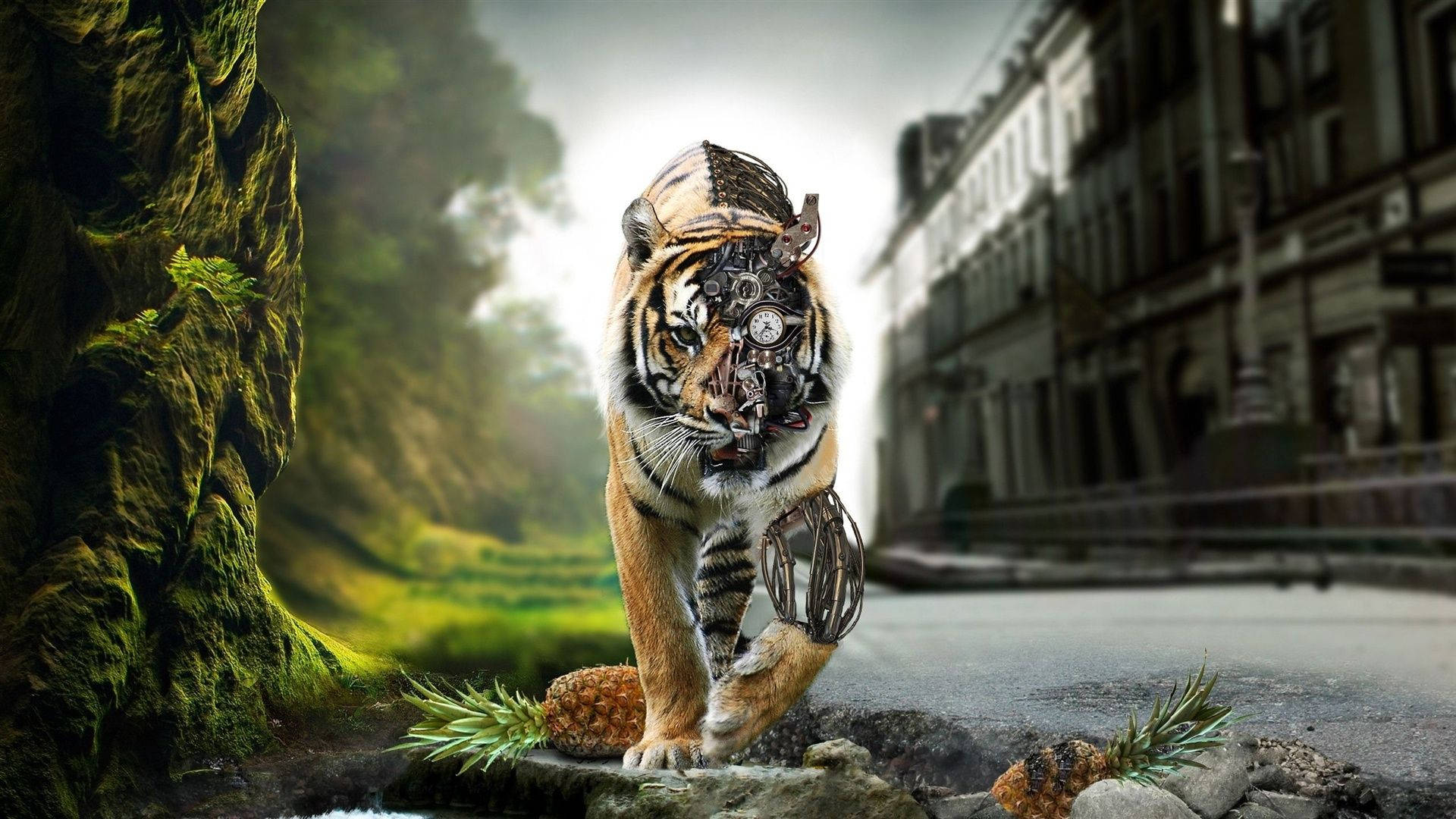 steampunk tiger, mechanical gear head, mossy forest, Full HD Desktop Wallpaper