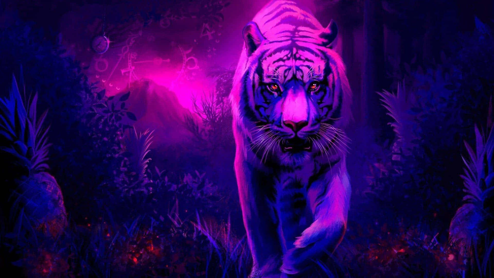 neon pink, purple tiger, glowing eyes, Full HD Desktop Wallpaper