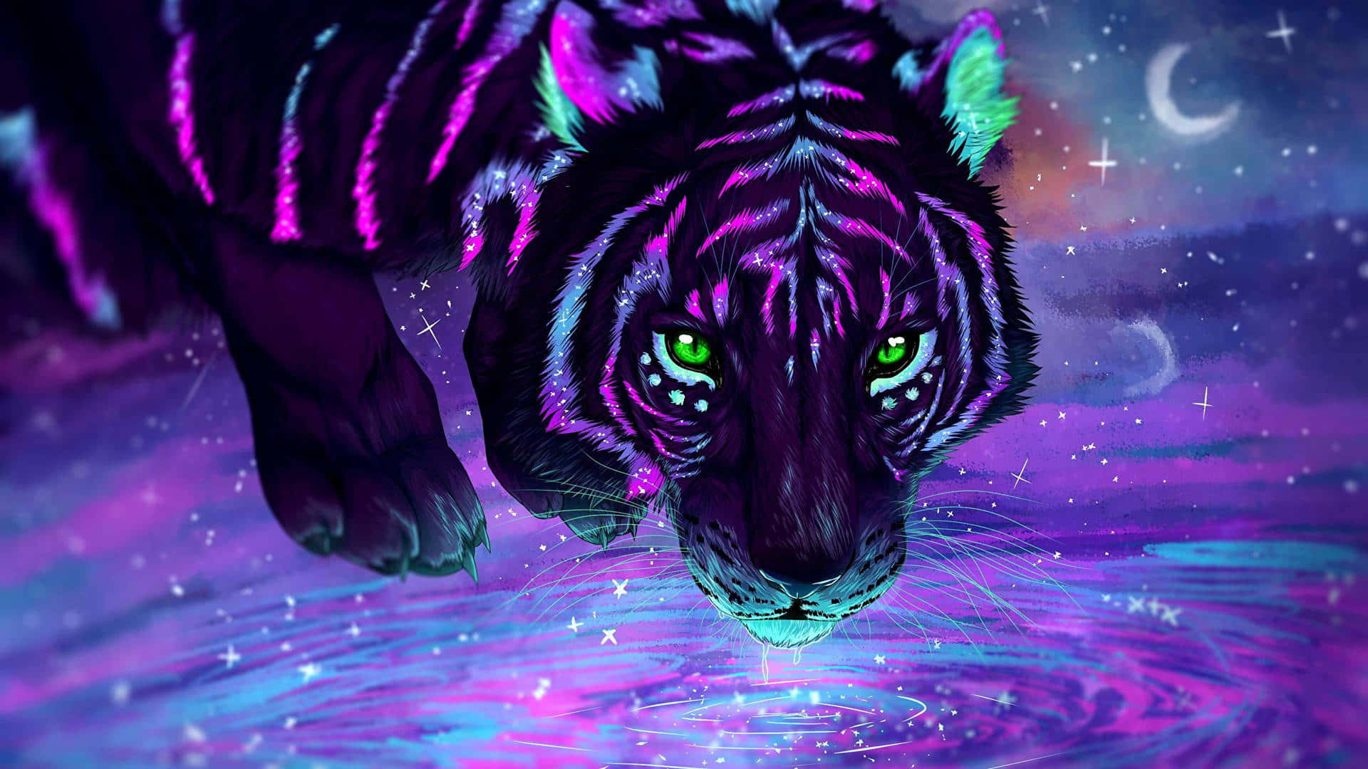 neon tiger, glowing green eyes, purple stripes, Full HD Desktop Wallpaper