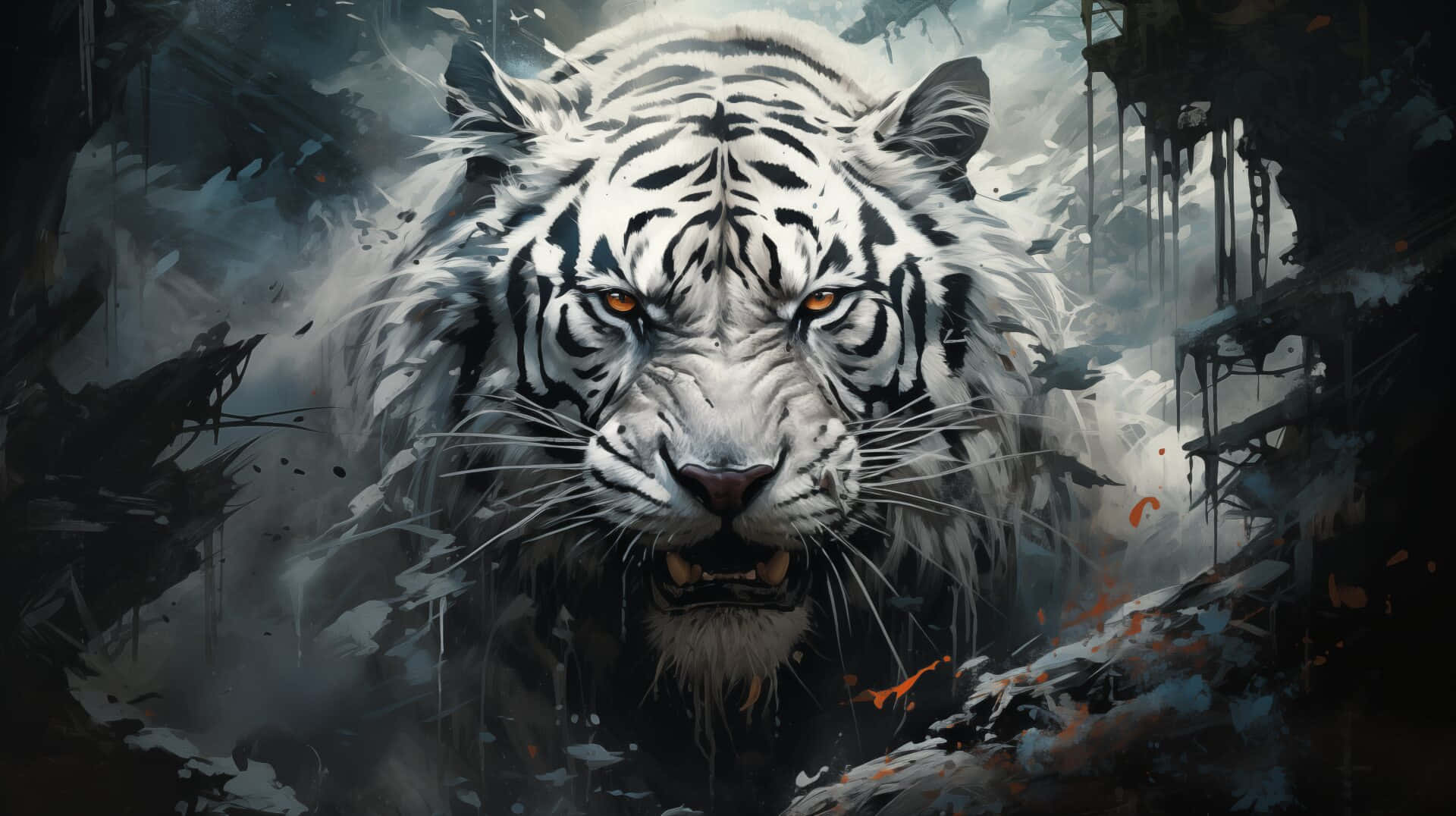 white tiger, glowing amber eyes, chaotic dark abstract background, Full HD Desktop Wallpaper