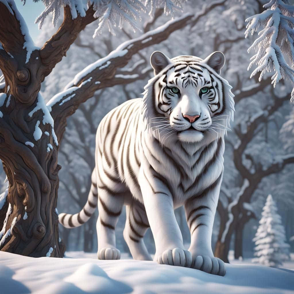 white tiger, snowy forest, snow-laden branches, SD Desktop Wallpaper