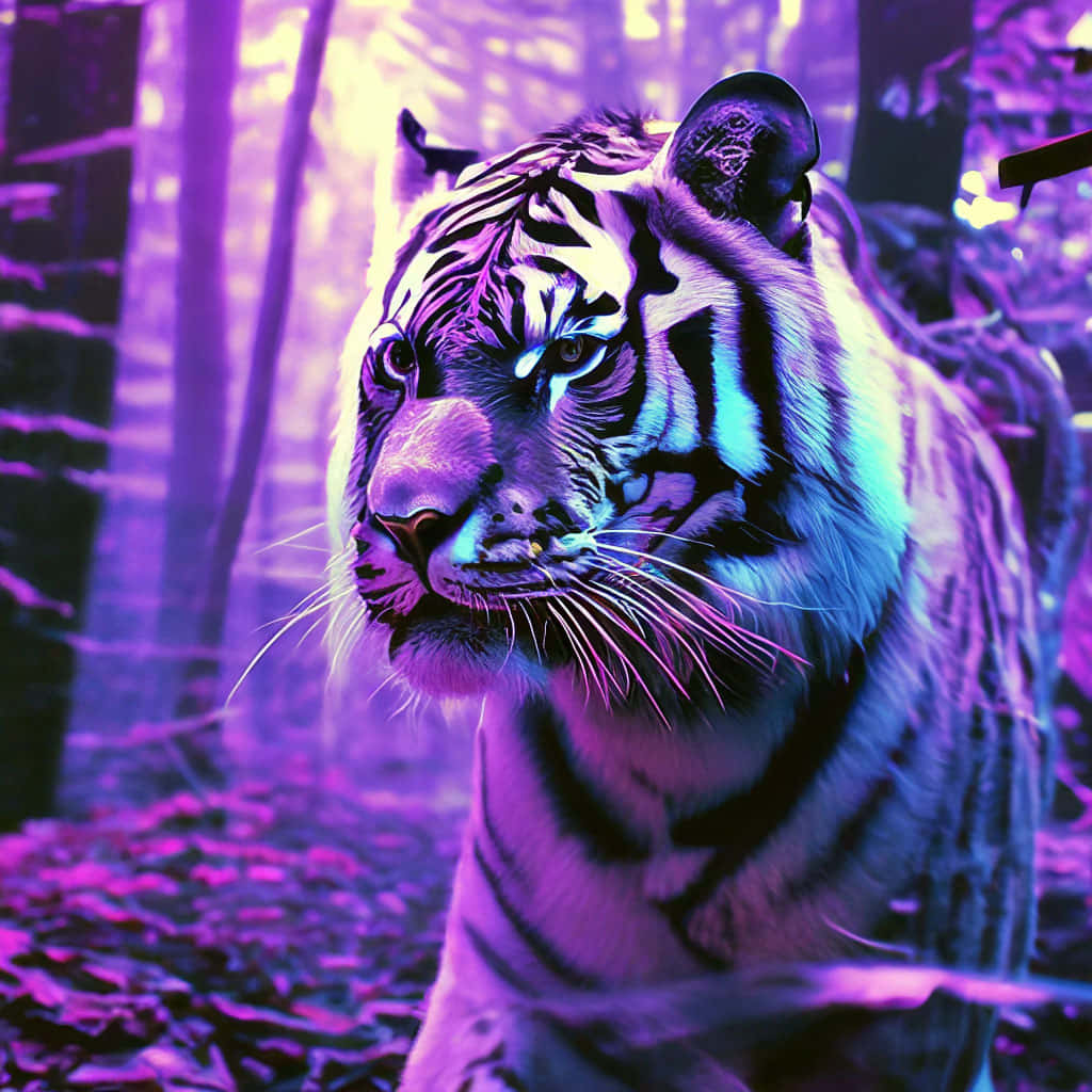 neon tiger, glowing blue and purple stripes, surreal forest, SD Desktop Wallpaper