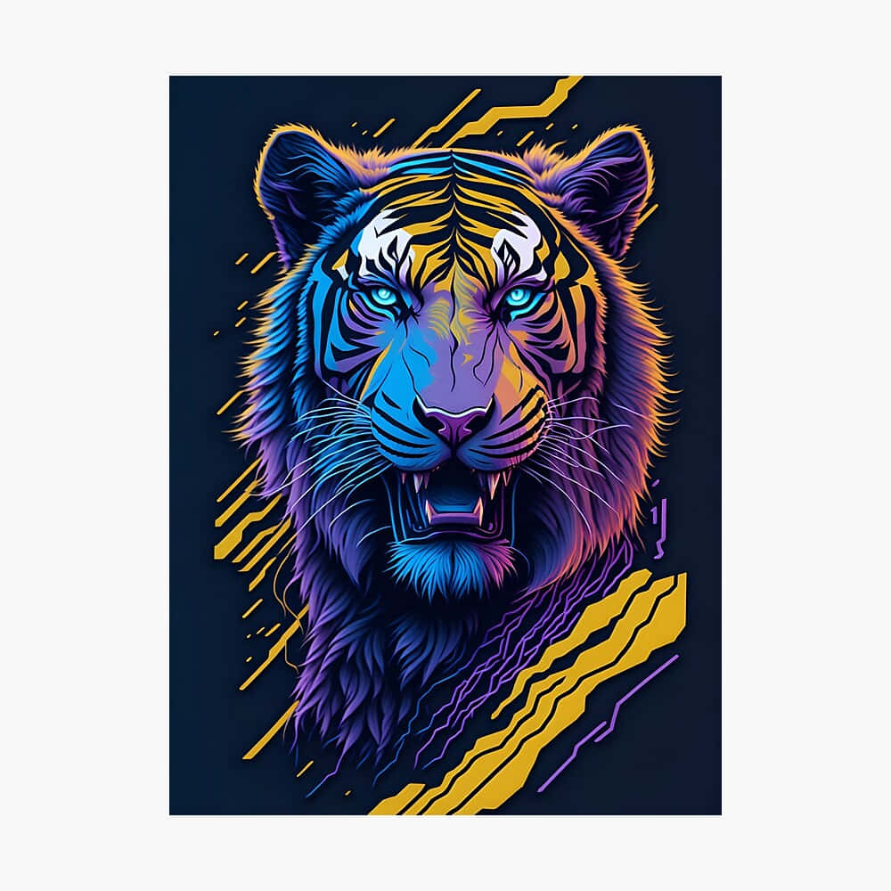 neon tiger, glowing blue eyes, electric purple yellow stripes, SD Desktop Wallpaper