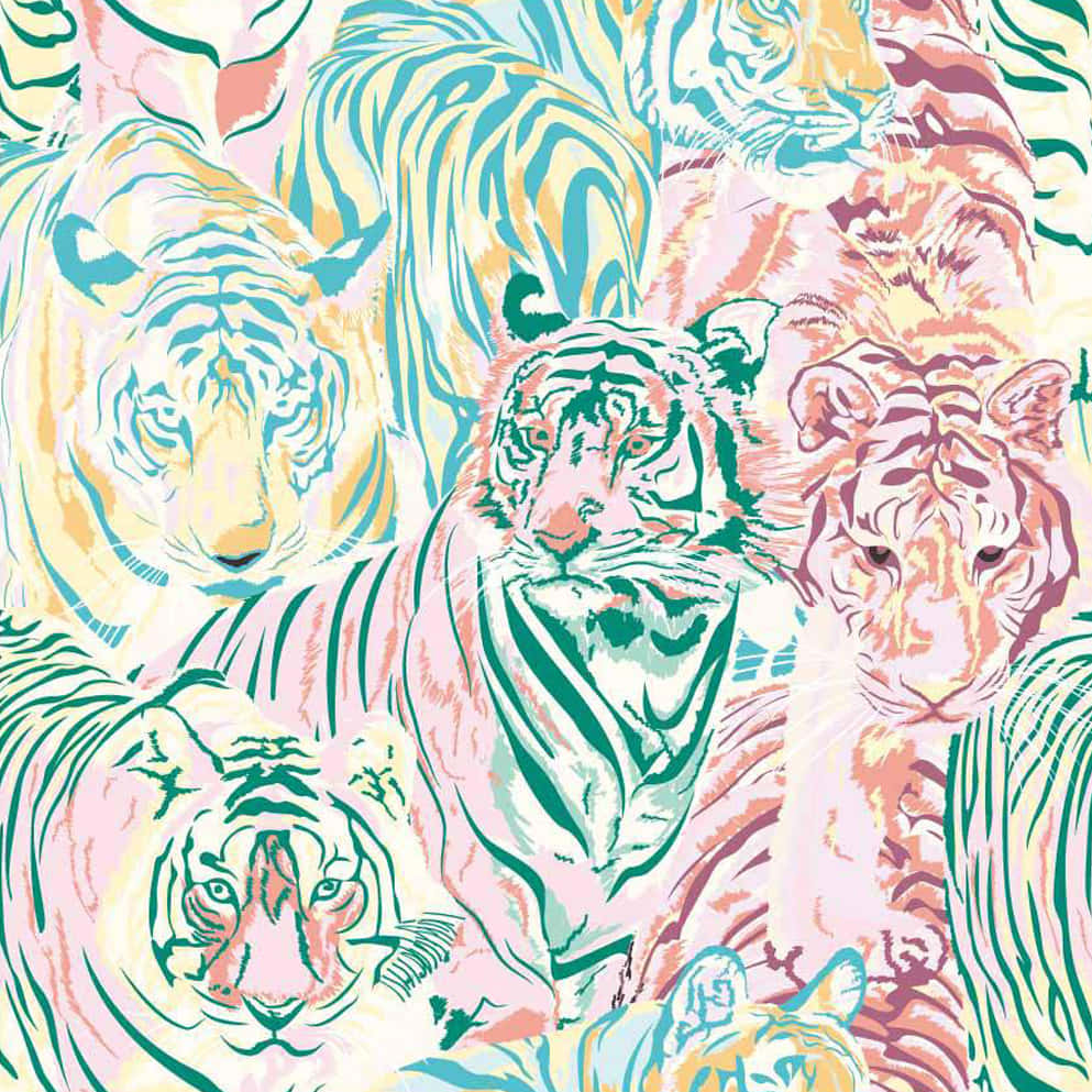 colorful tiger collage art, pastel pink, teal, SD Desktop Wallpaper