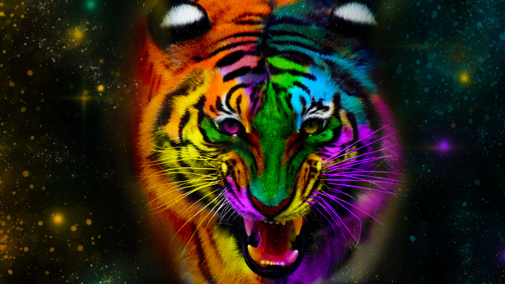 Tiger Face, rainbow hues, starry cosmic background, Full HD Desktop Wallpaper