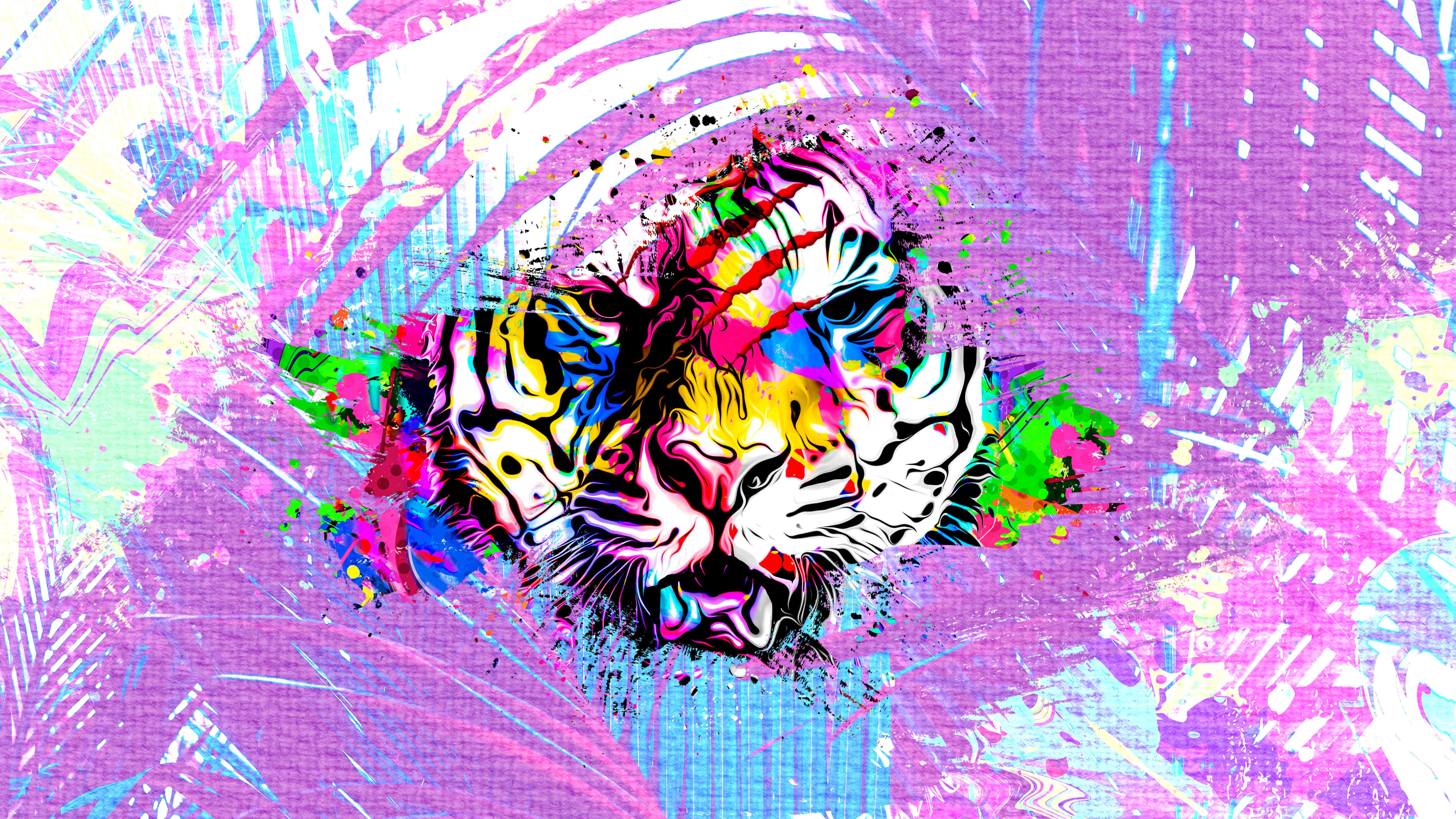 abstract tiger face, rainbow stripes, pink blue and green paint, 5K Desktop Wallpaper