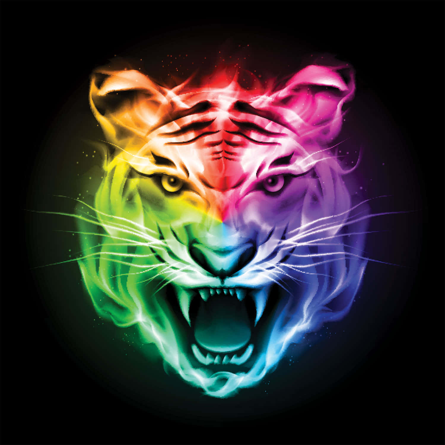 glowing rainbow tiger face, roaring tiger head, vibrant rainbow colors, HD Desktop Wallpaper