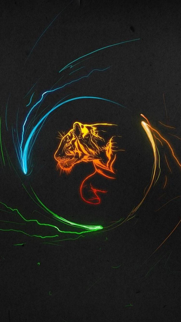 glowing neon tiger, vibrant blue green and orange light trails, dark textured background, HD Phone Wallpaper