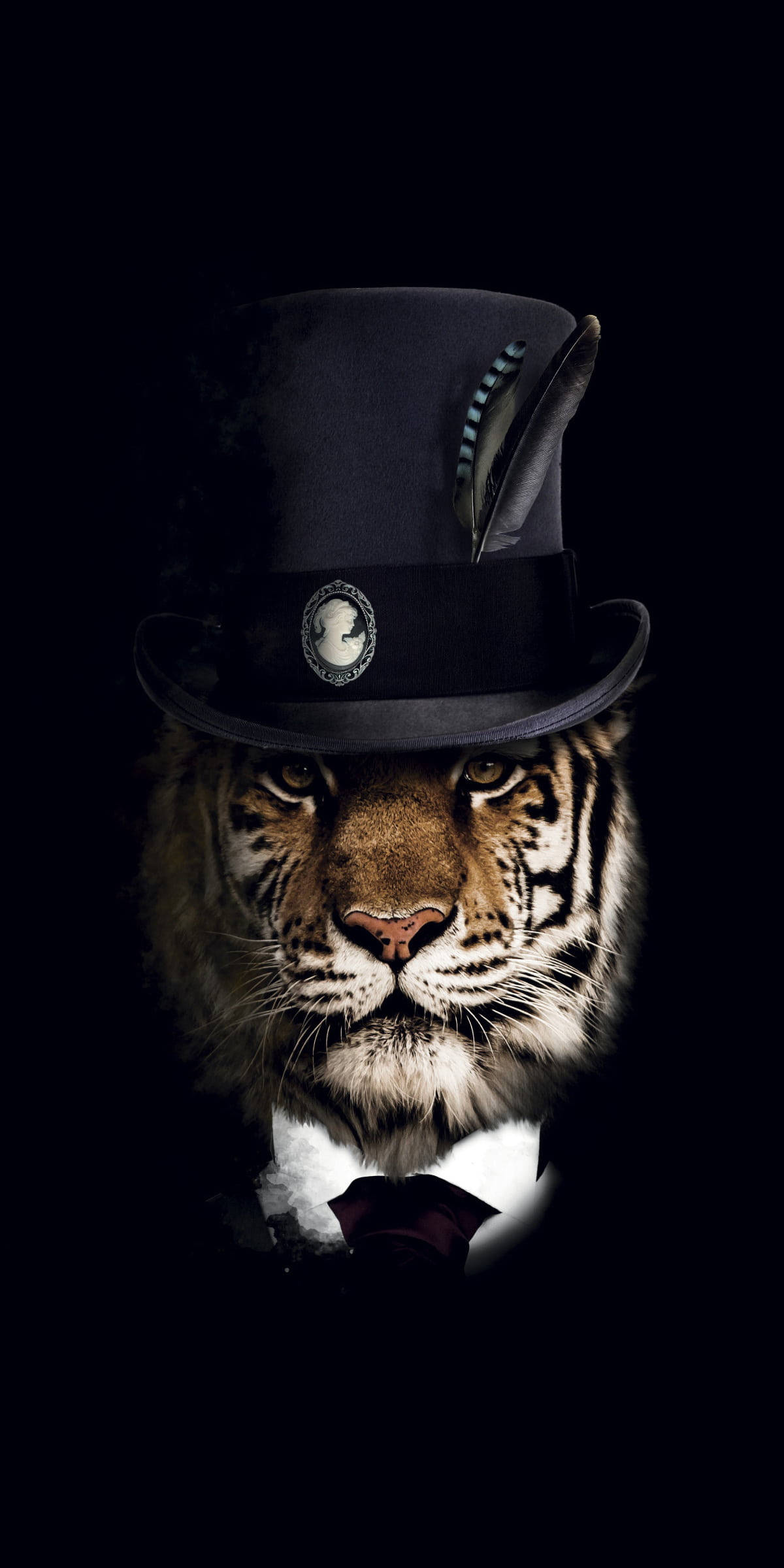 black tiger, top hat, feather, Full HD Phone Wallpaper