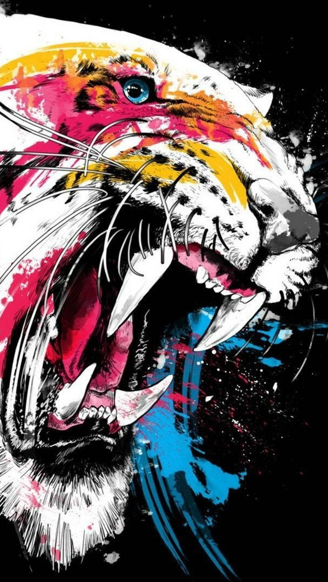 colorful angry tiger, roaring tiger head, vibrant splashes of pink yellow and blue, Full HD Phone Wallpaper