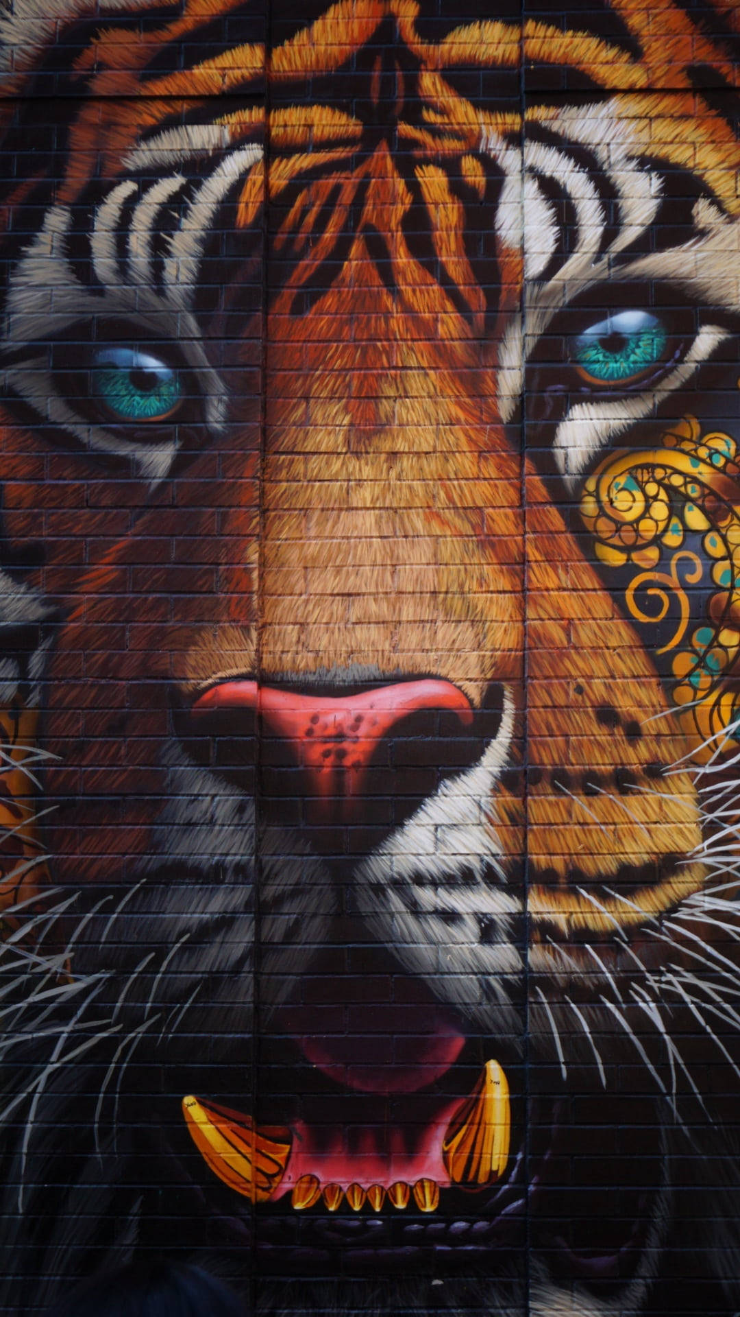 tiger face, wall graffiti, glowing blue eyes, Full HD Phone Wallpaper