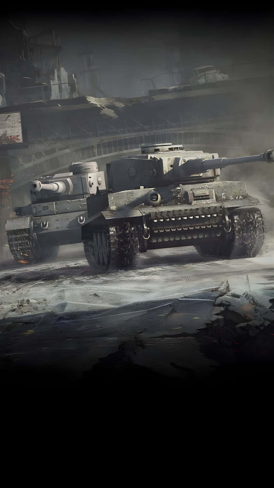 Tiger Tank, urban combat, smoky ruined cityscape, Full HD Phone Wallpaper