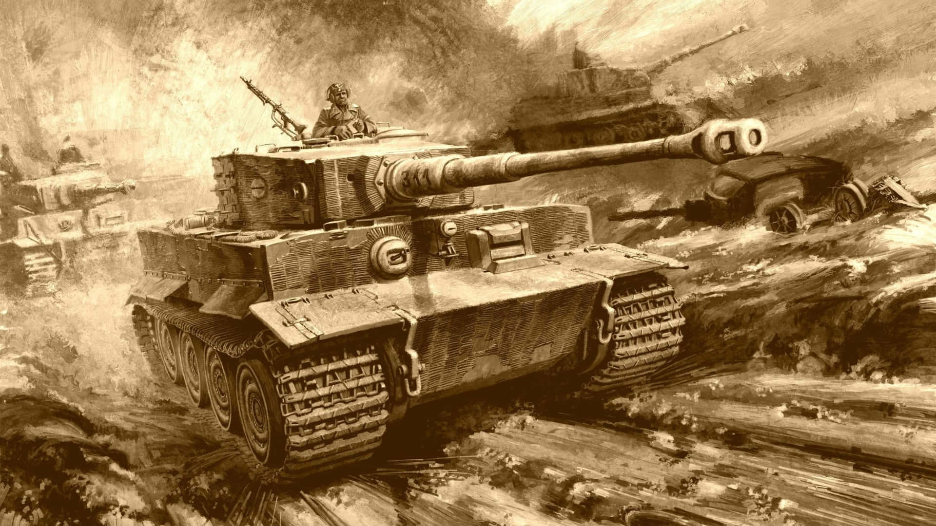 Tiger tank, sepia-toned, muddy terrain, Full HD Desktop Wallpaper