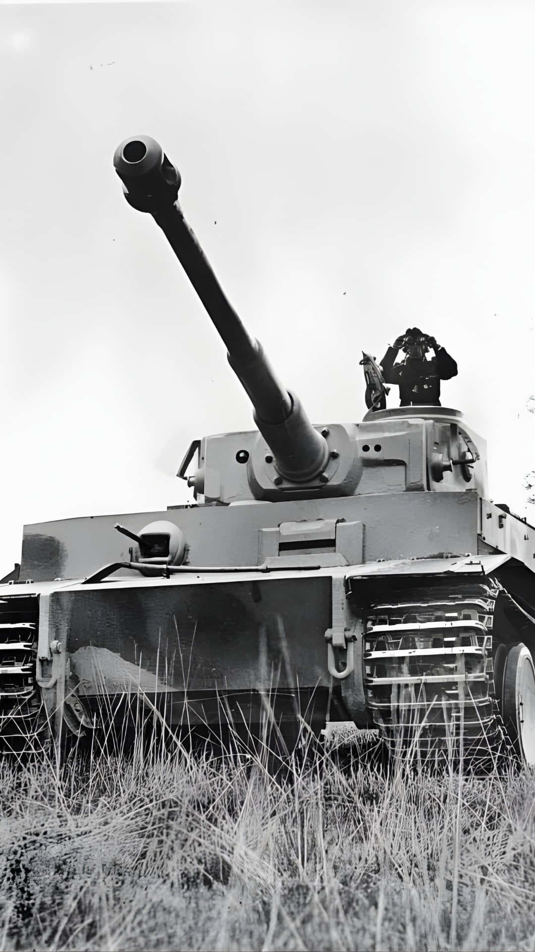 Tiger tank, black and white photo, low angle, Full HD Phone Wallpaper