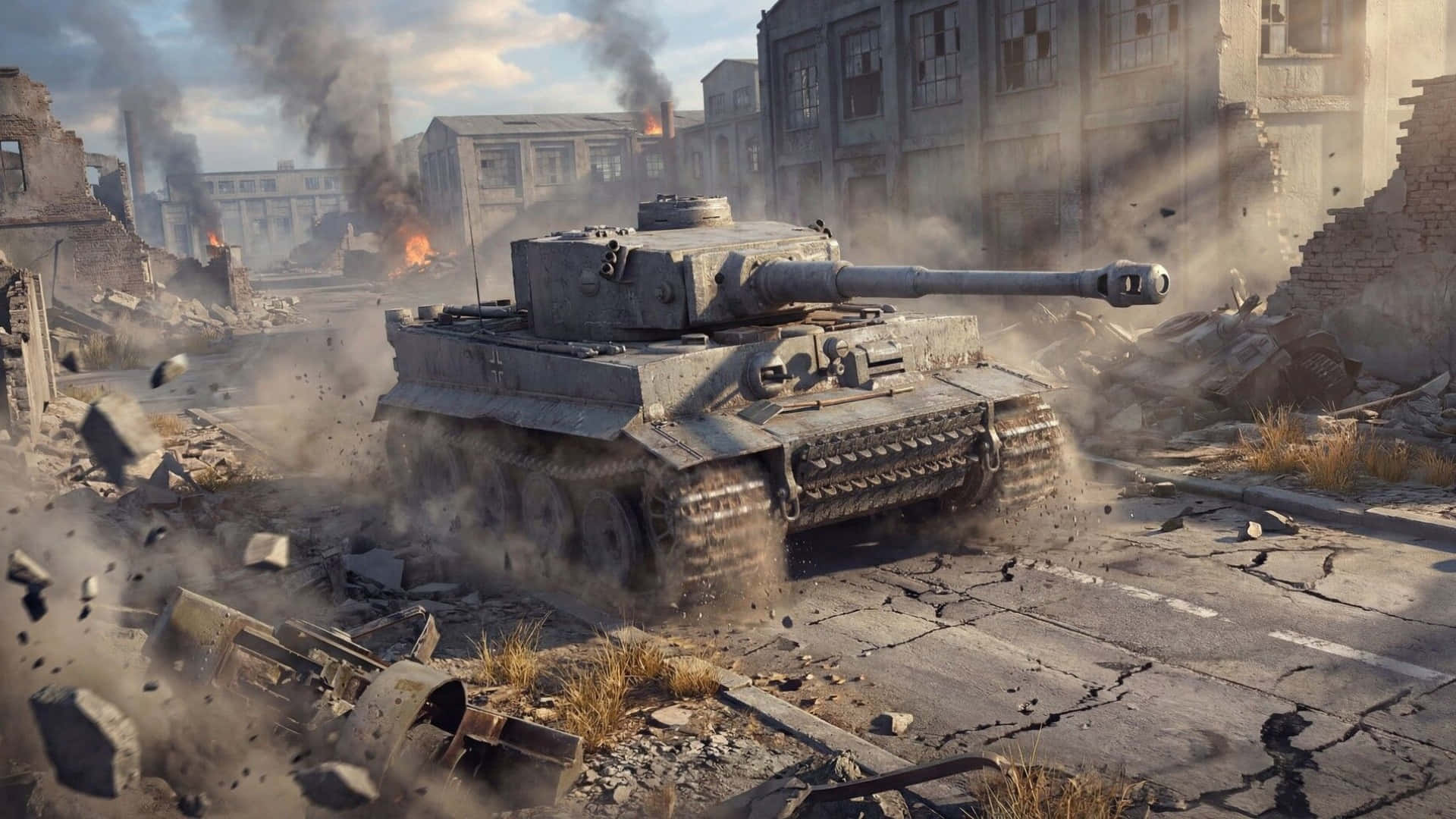 Tiger Tank, urban combat, war-torn city street, Full HD Desktop Wallpaper