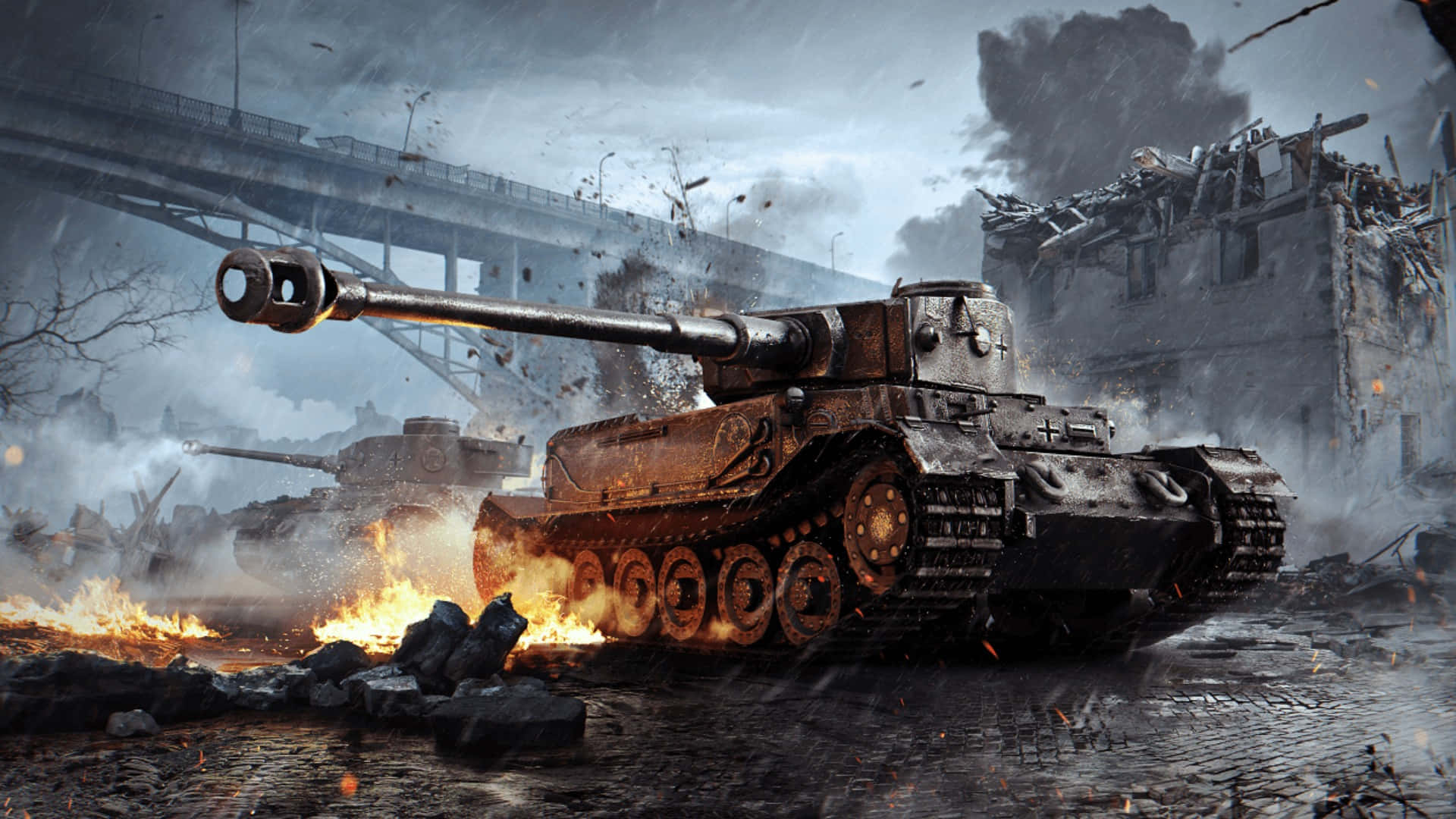 Tiger Tank, urban combat, war-torn cityscape, Full HD Desktop Wallpaper